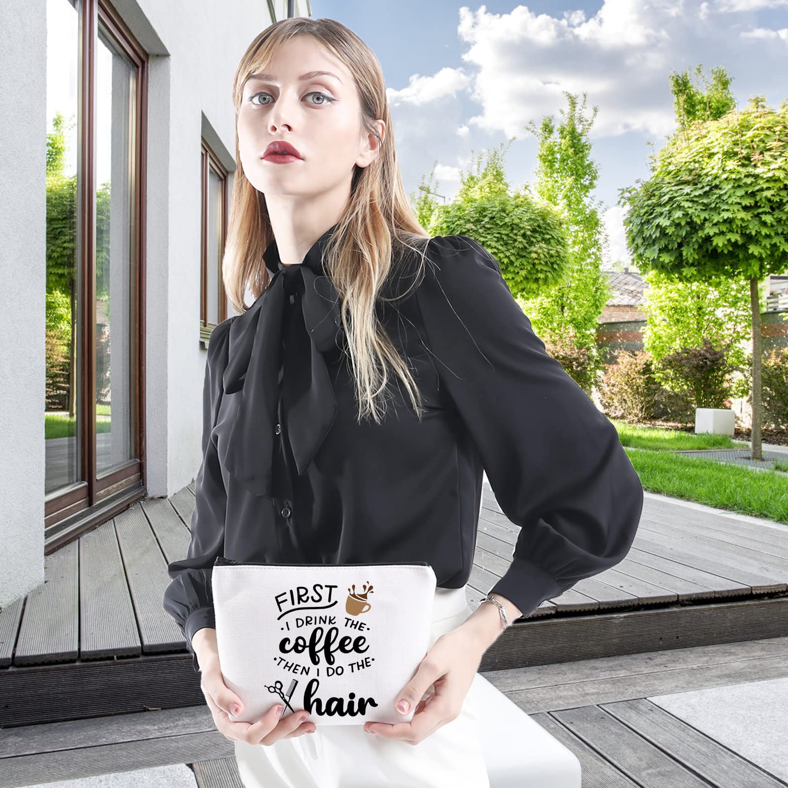 WCGXKO 'First I Drink The Coffee Then I Do The Hair' Makeup Bag - Stylish Cosmetic Organizer for Coffee Lovers, Perfect for Travel, Gym & Daily Use
