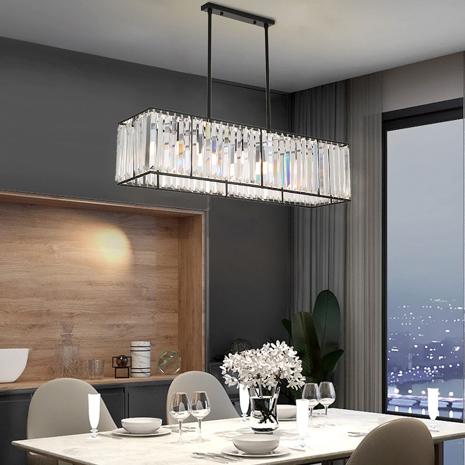 OUKANING Adjustable Rectangle Crystal Chandelier - Modern Pool Crystal Ceiling Pendant Light for Dining Room, Kitchen Island, Living Room, Bedroom, and Office