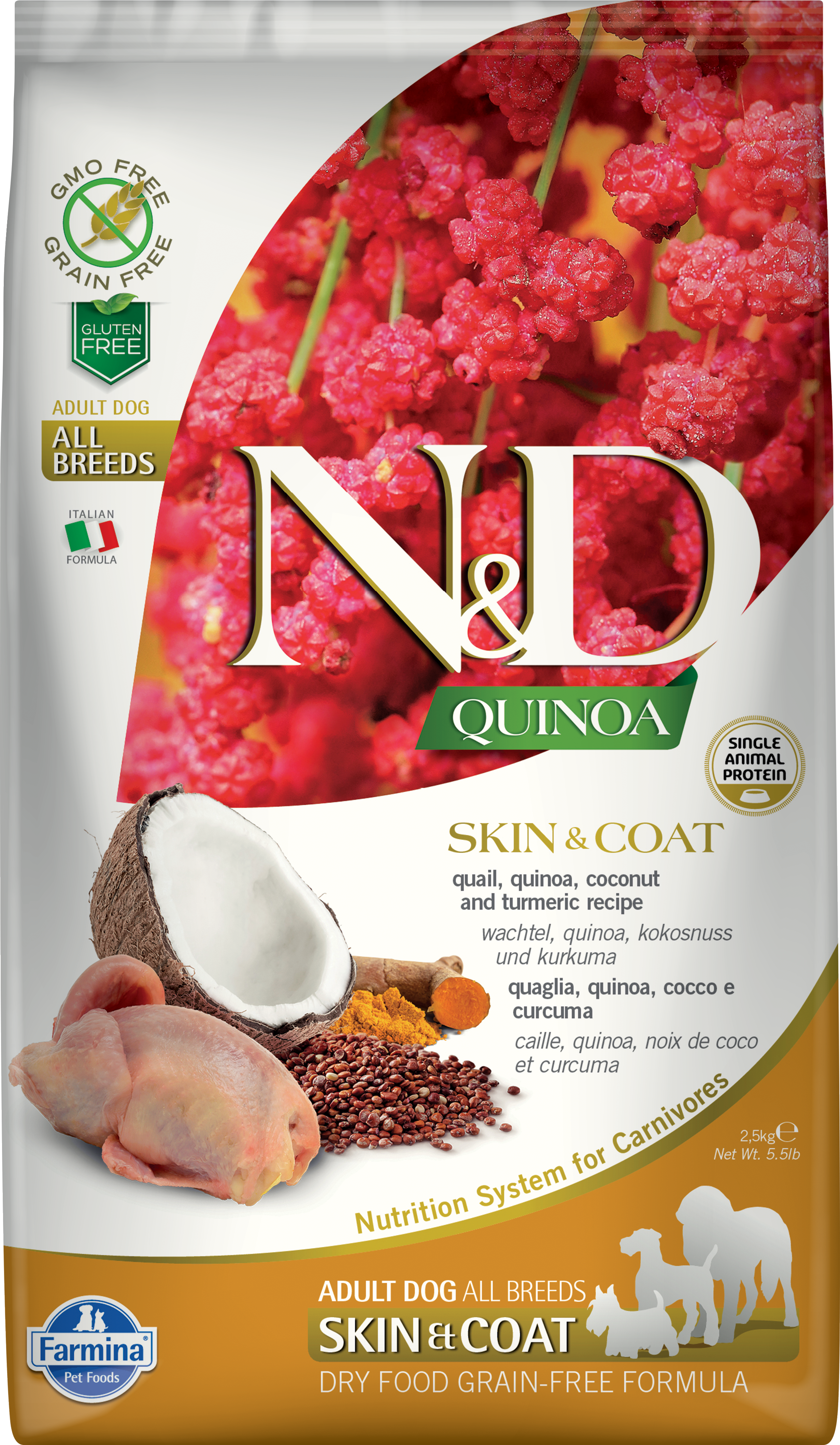 Farmina N&D Quinoa Grain-Free Dry Dog Food for Skin & Coat Health - Quail Recipe | Premium Functional Nutrition for Sensitive Skin & Shiny Coat | Ideal for Adult Dogs with Allergies or Digestive Issues