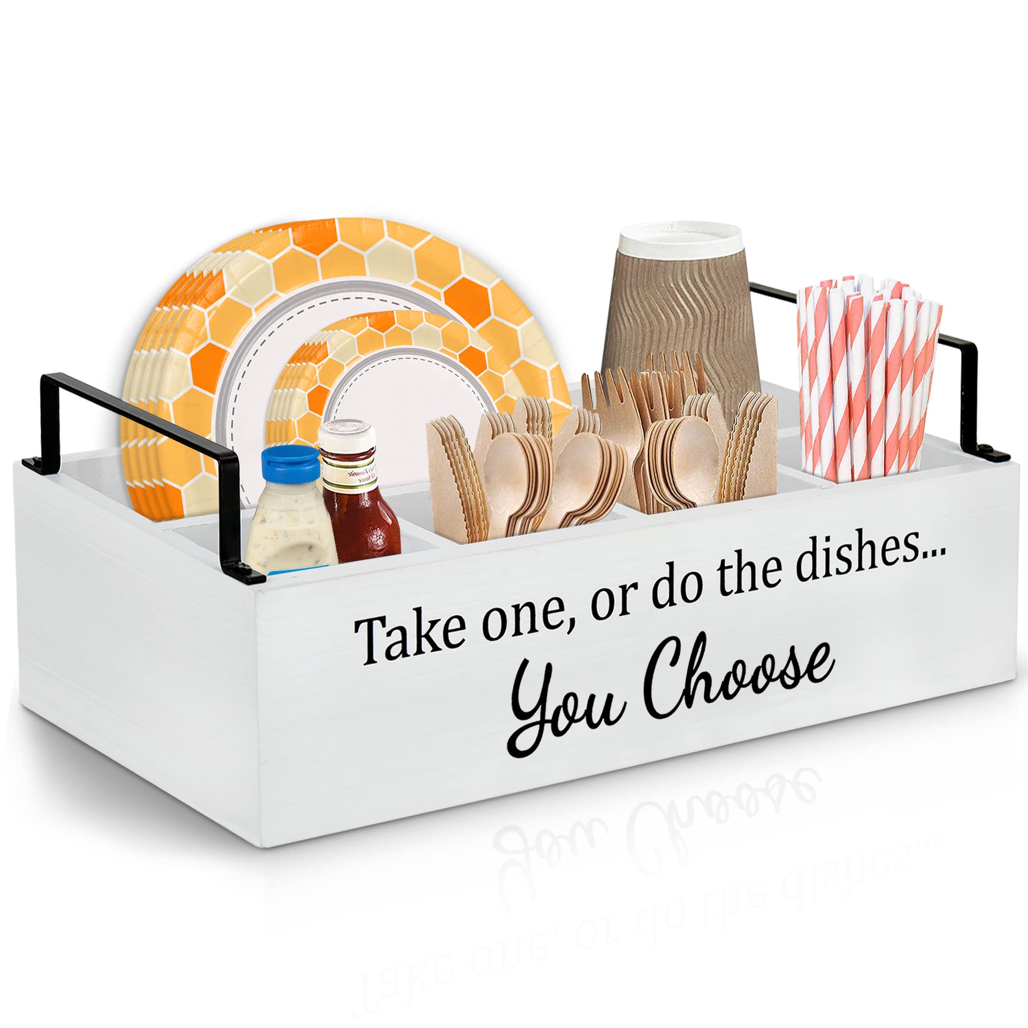 Wooden Paper Plate Holder for Kitchen Counter - Under Cabinet Organizer with Large Cup Holder - Perfect for Parties, Picnics & BBQs - Silverware & Utensil Caddy for Dining Room & Outdoor Events