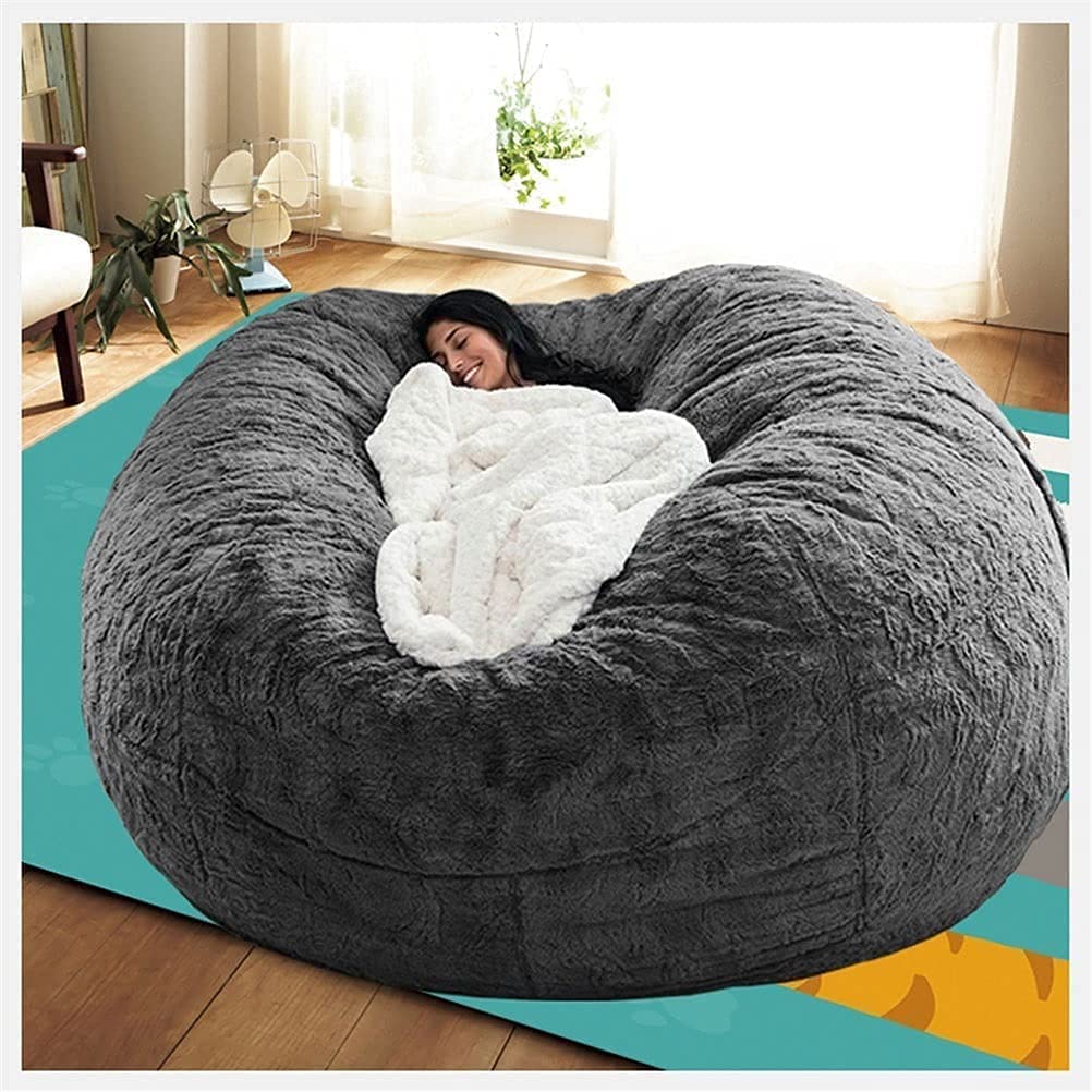 Premium 5FT Light Grey Bean Bag Cover - Soft Fluffy Fur with Zipper, Portable & Machine Washable Acrylic Oval Shape for All Ages | Perfect for Living Room, Bedroom, Dorm or Kids Play Area