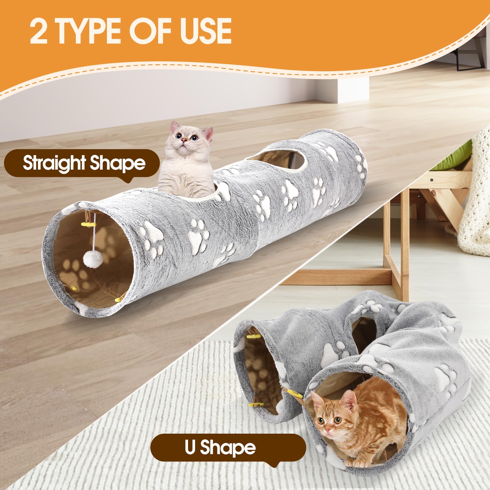 IPetStation Straight Cat Tunnel for Indoor Cats - Collapsible Plush Play Tunnel with Toy Ball for Kittens, Puppies, Bunnies & Small Dogs (Cat Print) | Fun Interactive Pet Toy for Exercise & Playtime