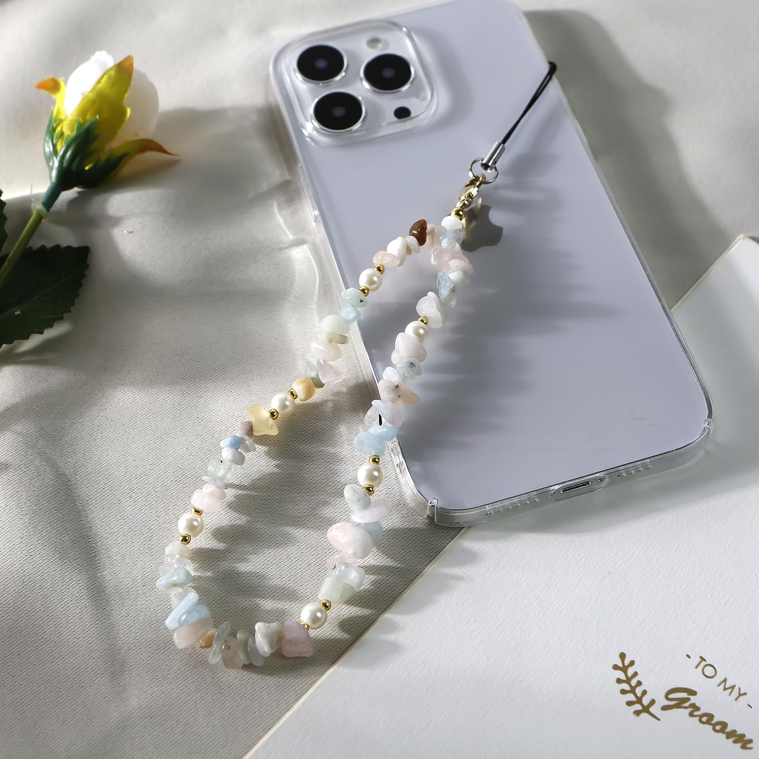 Natural Gemstone Phone Lanyard - Beaded Phone Wrist Strap with Chain for Women & Girls (Green) | Stylish Phone Charm for Everyday Use, Travel & Shopping
