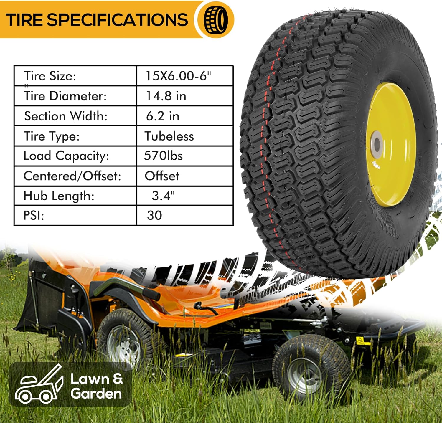 2PCS 15x6.00-6 Tubeless Front Tires with Wheels - Replacement for John Deere 100 & 300 Series Riding Lawn Mowers, 3 Offset Hub, Fits 3/4