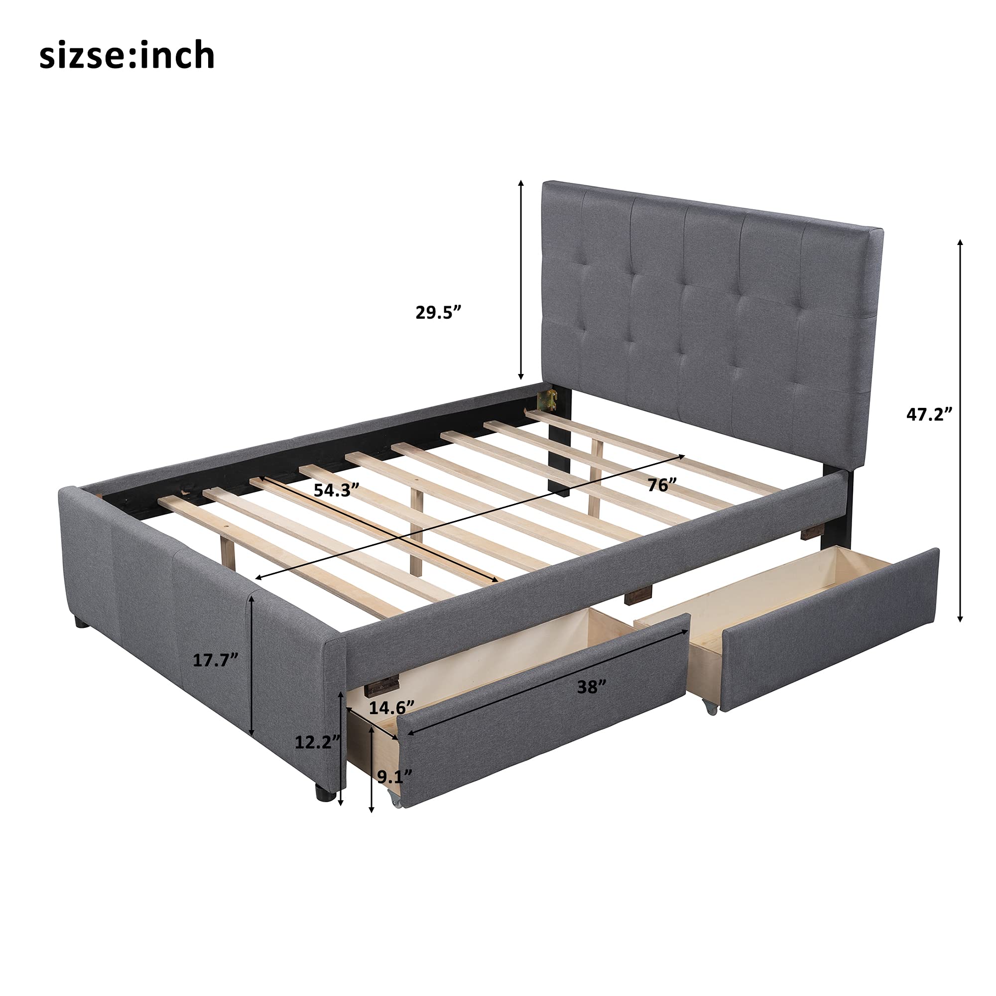 RUNNA Full Size Upholstered Platform Bed Frame with Headboard & 2 Storage Drawers - No Box Spring Needed Linen Daybed for Kids & Teens - Perfect for Small Bedrooms, Guest Rooms & Dormitories