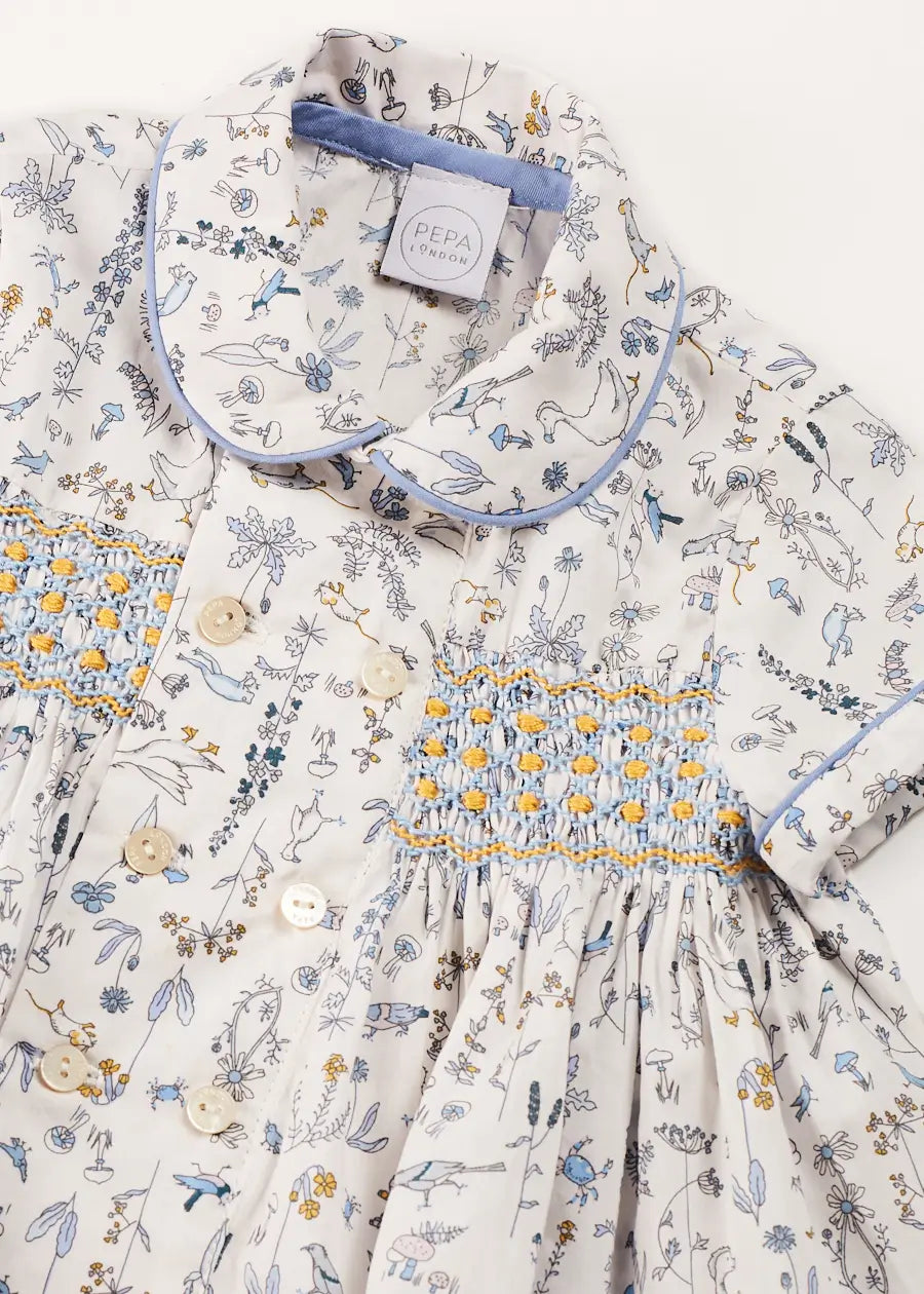 Ellis Liberty Print Hand Smocked Short Sleeve Baby Shirt - Blue Floral Cotton Top for Boys & Girls (6 Months to 4 Years) | Perfect for Spring Outfits, Family Photos & Special Occasions