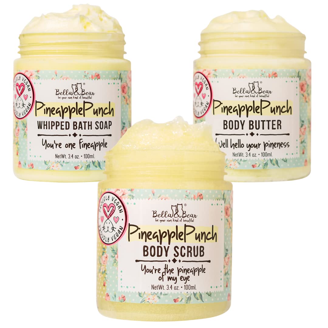 Bella & Bear Mini Travel Size Pineapple Bundle - Exfoliating Body Scrub, Luxurious Whipped Bath Soap & Nourishing Body Butter Set | Perfect for Vacation, Spa Day & Gifts
