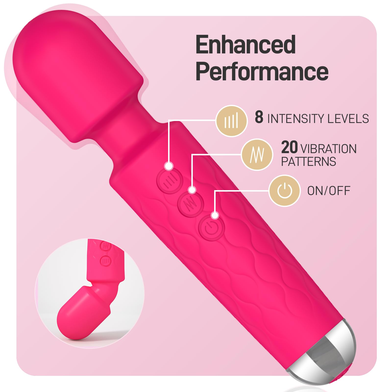 Mini Wand Vibrator for Women - Waterproof Sex Toy with 20 Vibration Patterns & 8 Intensity Levels - Powerful Wand Massager for Her Pleasure - Rose Red - Perfect for Couples Play, Solo Use & Sensual Massage