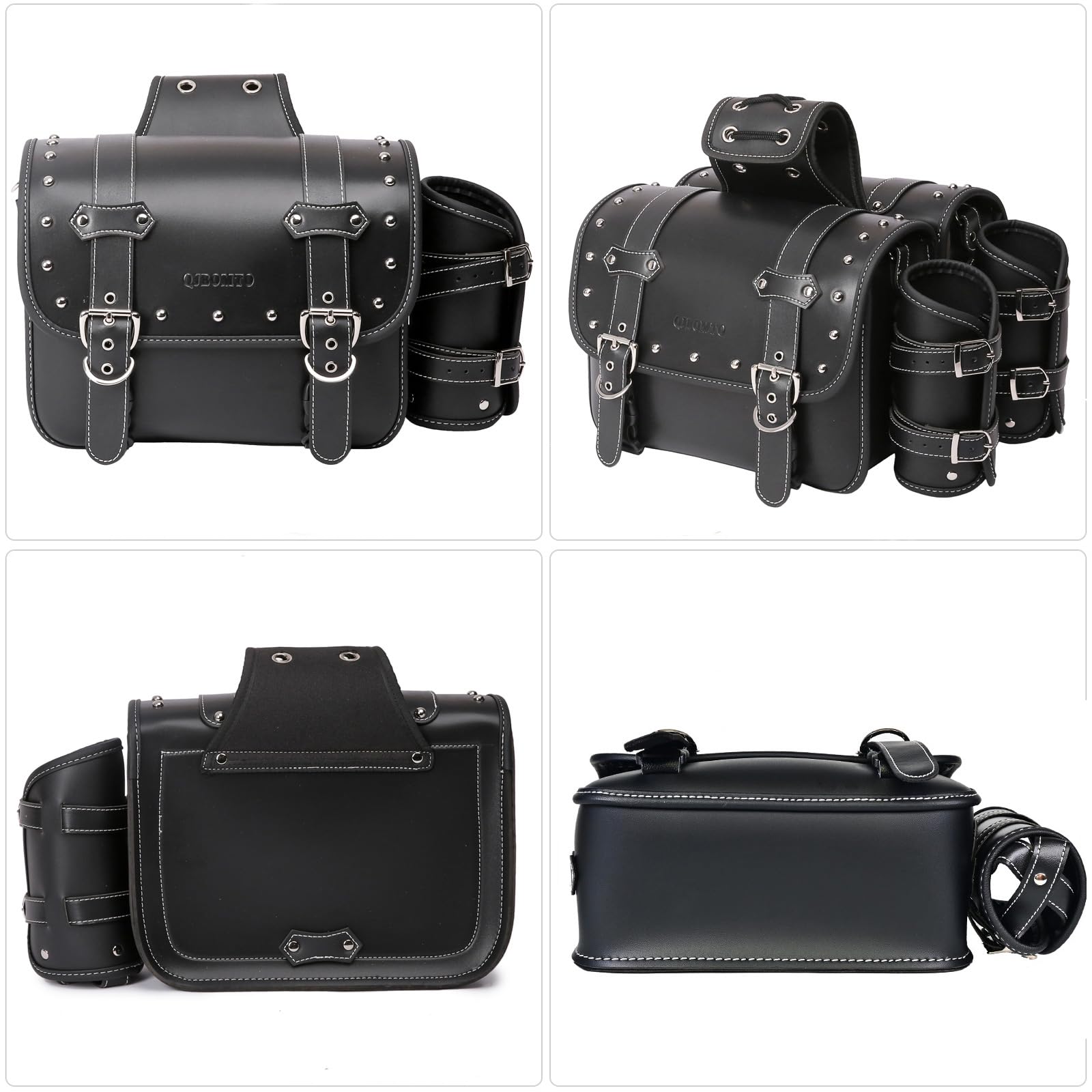 Premium High-Density Leather Motorcycle Saddlebags - Waterproof Throw Over Panniers with Cup Holder & Side Tool Bag - Universal Fit for Harley, Cruiser & Touring Bikes (1 Pair, Black) - Perfect for Long Rides, Road Trips & Daily Commuting