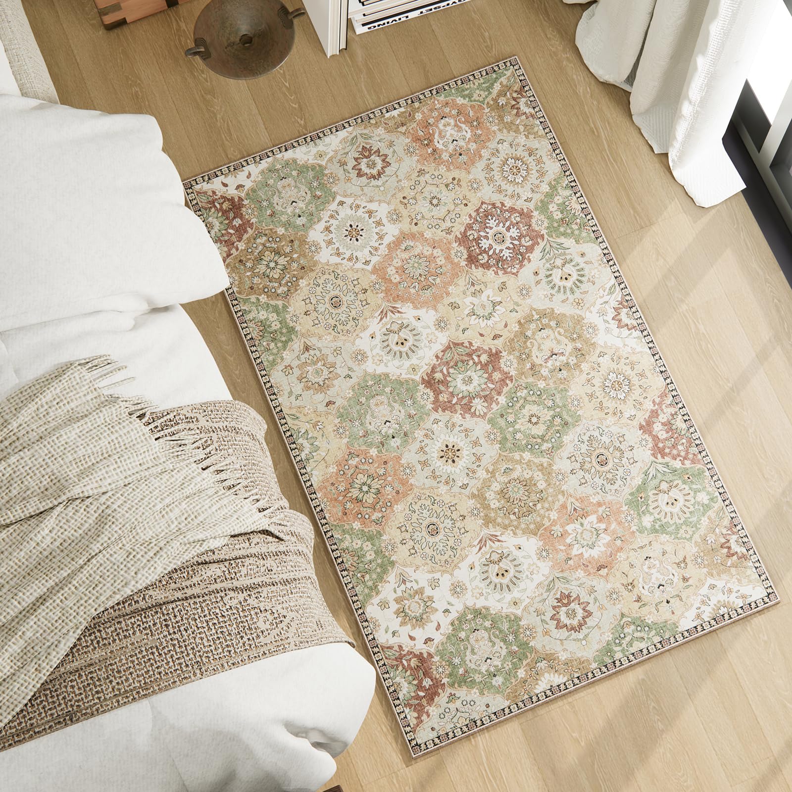 4x6 Washable Non-Slip Area Rug - Low Pile Lightweight Rug for Bedroom, Living Room, Dining Room, Nursery & Entryway - Multi/Green - Perfect for Home Decor & High Traffic Areas