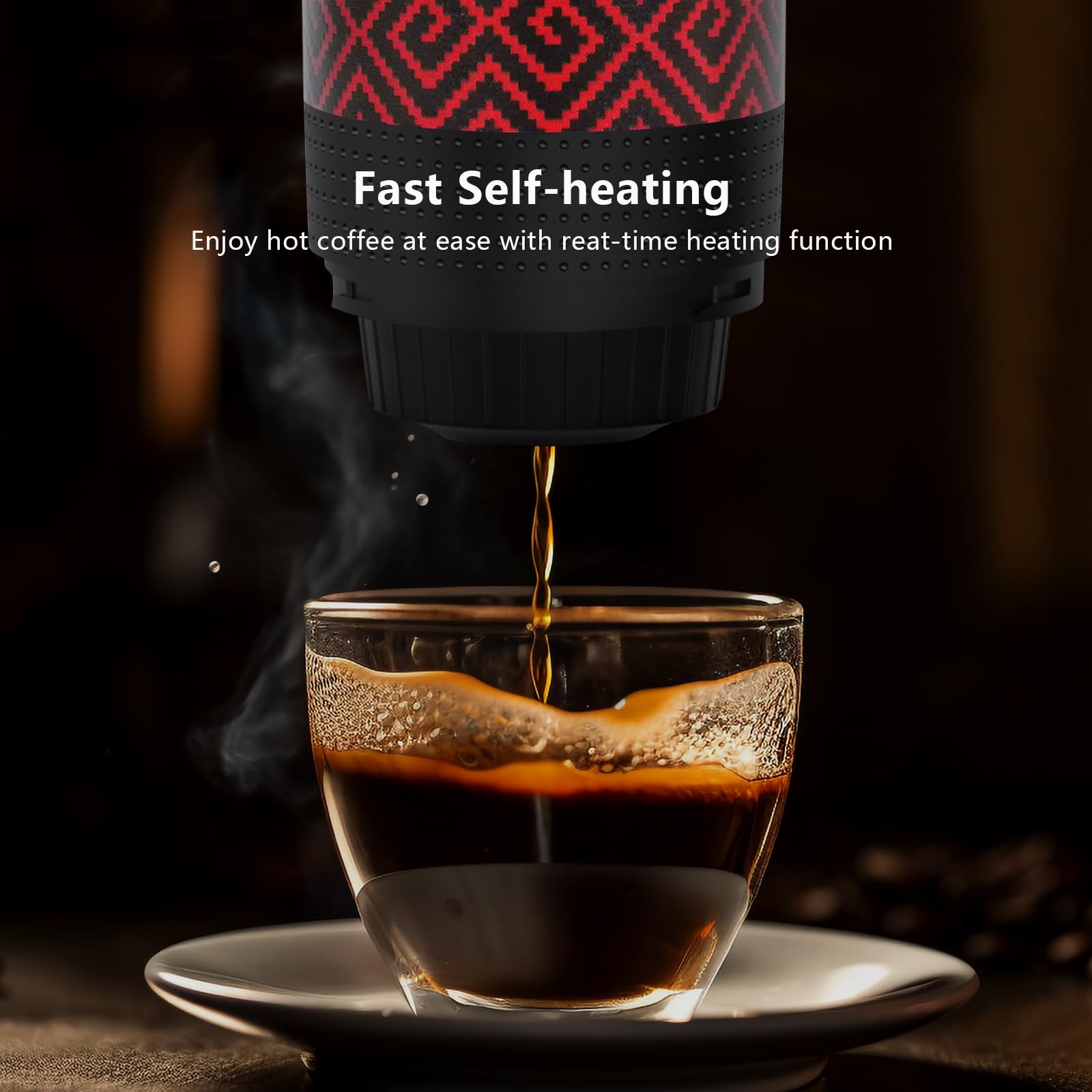 Portable Coffee Maker for Travel & Camping - Battery Powered Electric Espresso Machine with Self Heating, Works with Ground Coffee & Capsules - Perfect for RV, Hiking, Office & Outdoor Adventures (Red & Black)