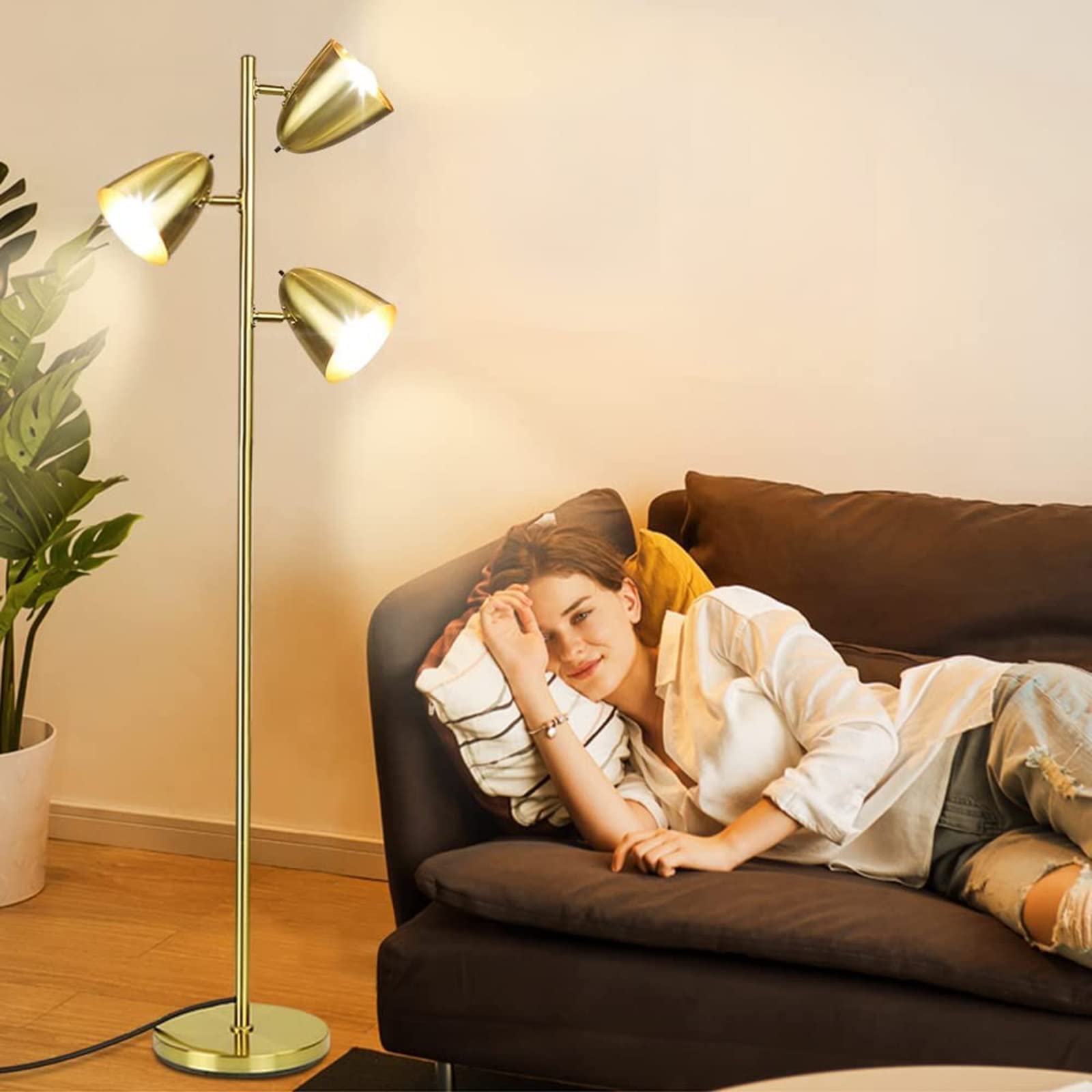 **3-Arm Adjustable Tree Floor Lamp - 360° Swivel Reading Light for Living Room, Bedroom & Office - Tall Standing Pole Lamp with 3 Bulbs (Gold) - Perfect for Cozy Reading, Task Lighting & Ambient Illumination**