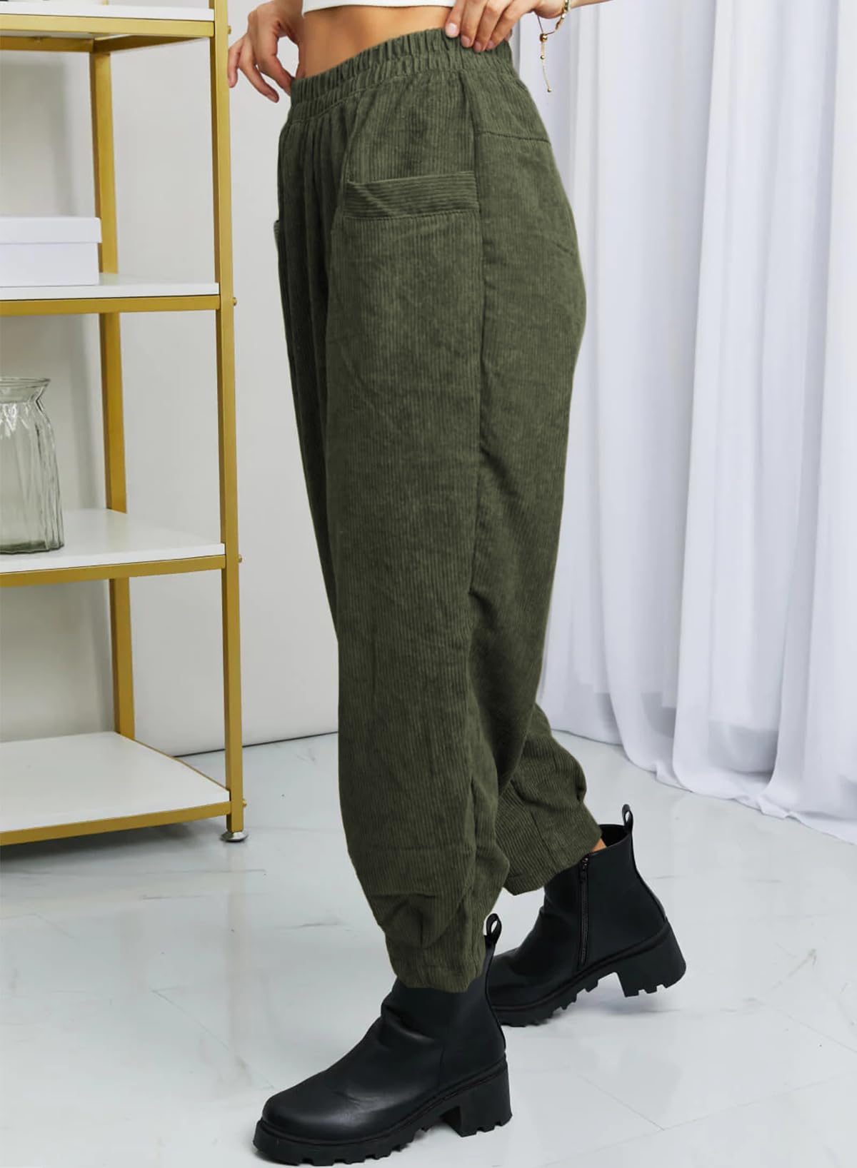 EVALESS Women's High Waist Corduroy Pants - Stretchy Elastic Waistband, Tapered Leg, Pull-On Ankle Work Pants - Comfortable Fall Trousers for Office, Casual Wear & Autumn Outfits 2023