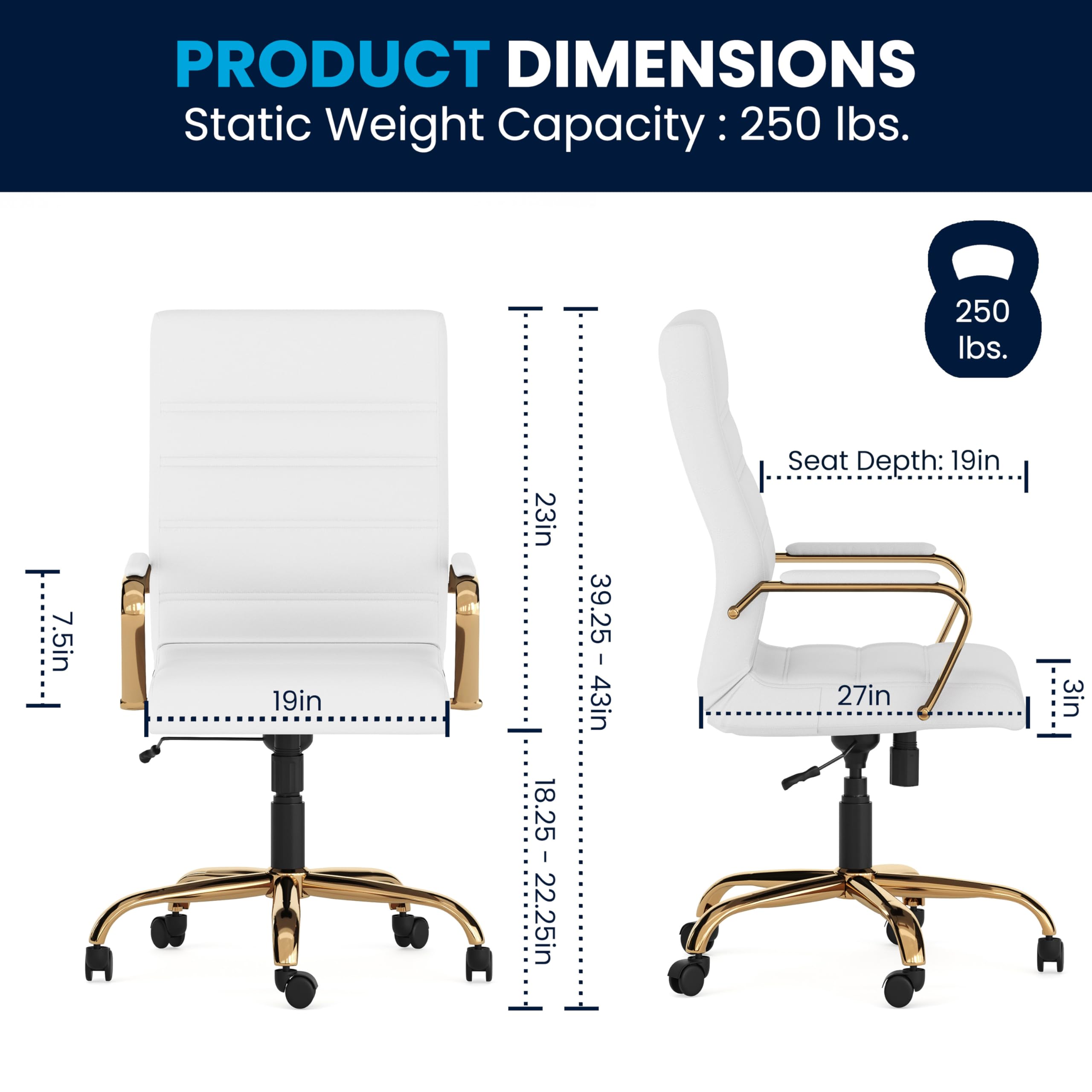 Premium White LeatherSoft High Back Executive Office Chair with Gold Frame - Ergonomic Swivel Desk Chair with Adjustable Arms - Perfect for Home Office, Conference Rooms & Executive Suites