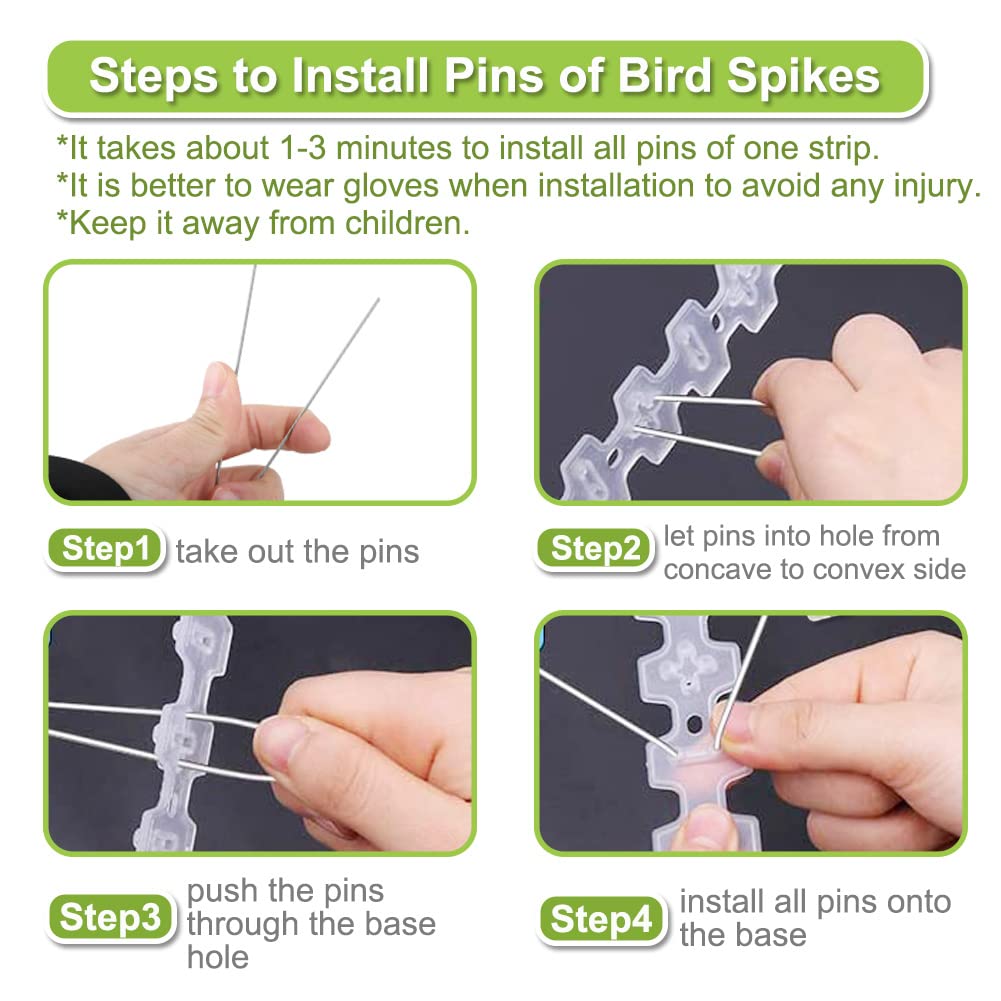 Stainless Steel Bird Spikes for Pigeons & Small Birds - 100ft Coverage, 304 SS Pins with Durable Plastic Base - Outdoor Bird Control for Fences, Roofs, Ledges & Balconies - Prevent Nesting & Protect Property