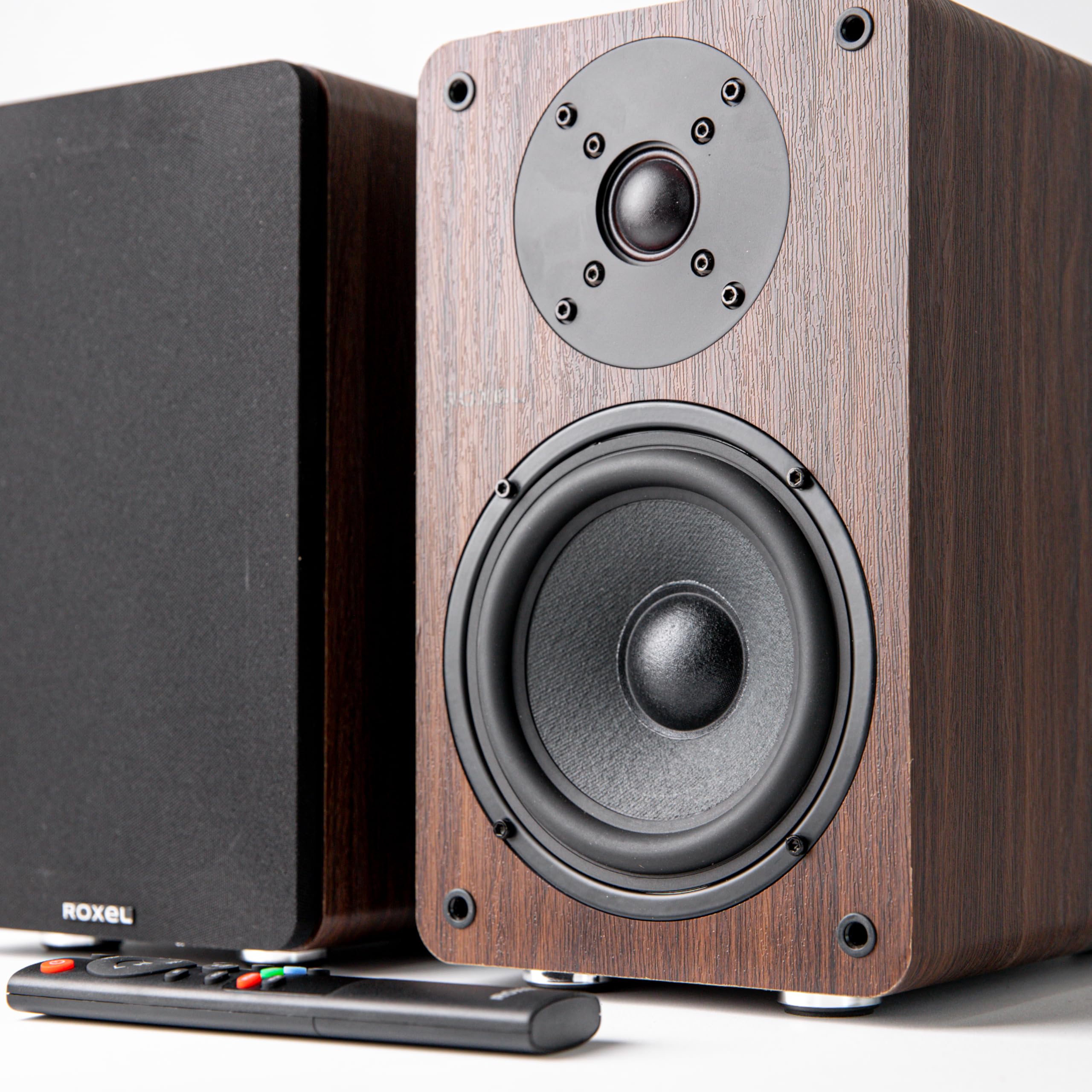 Roxel Onyx Active Bookshelf Speakers - 100W RMS Power, Bluetooth 5.0 Wireless Streaming, HDMI ARC, 3m Speaker Cable - Premium Sound for Home Theater, Movies, Music & Office - Walnut Finish - Perfect for Living Room, Gaming Setup & Workspace Entertainment