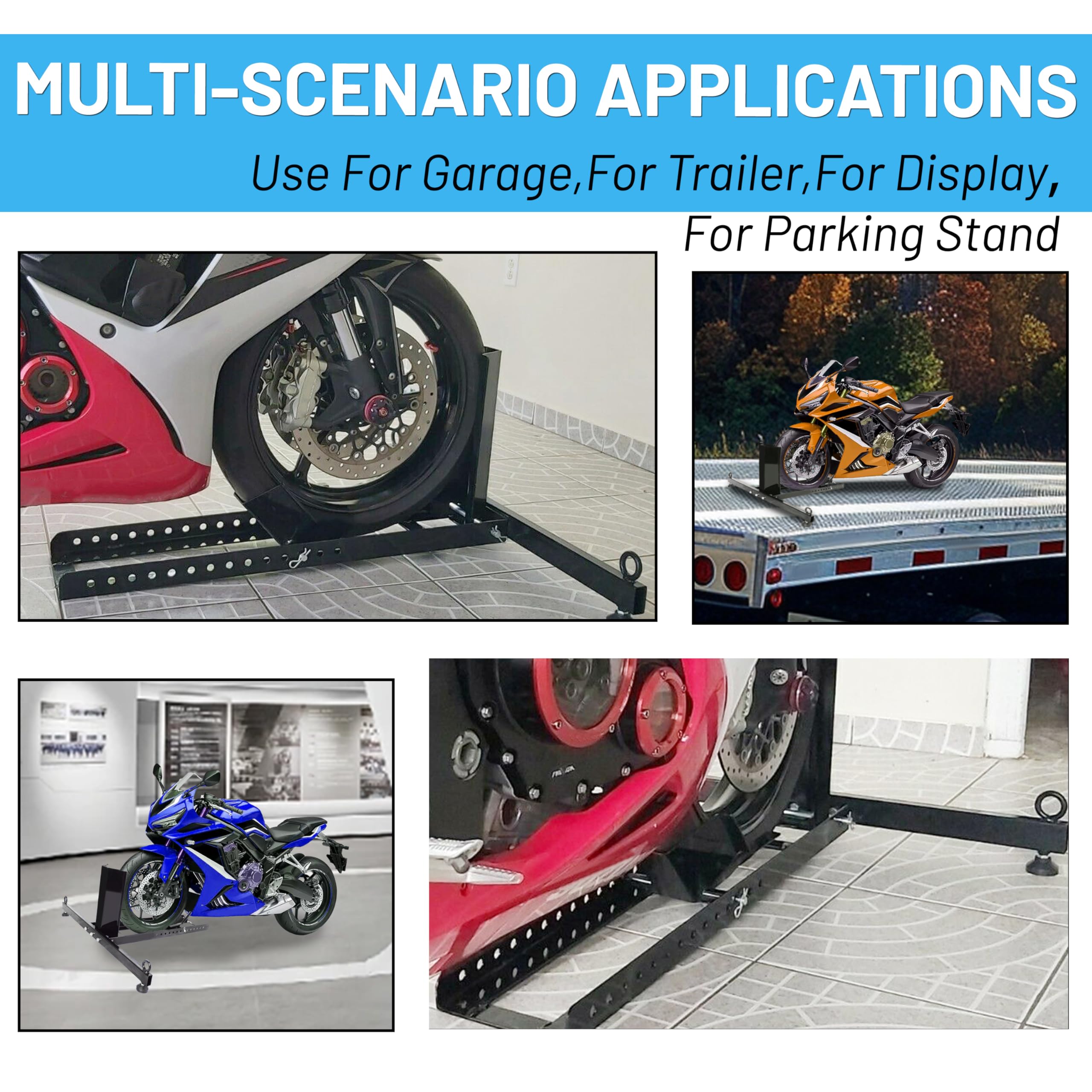 Heavy Duty Adjustable Motorcycle Wheel Chock Stand - 1800lbs Capacity, 3
