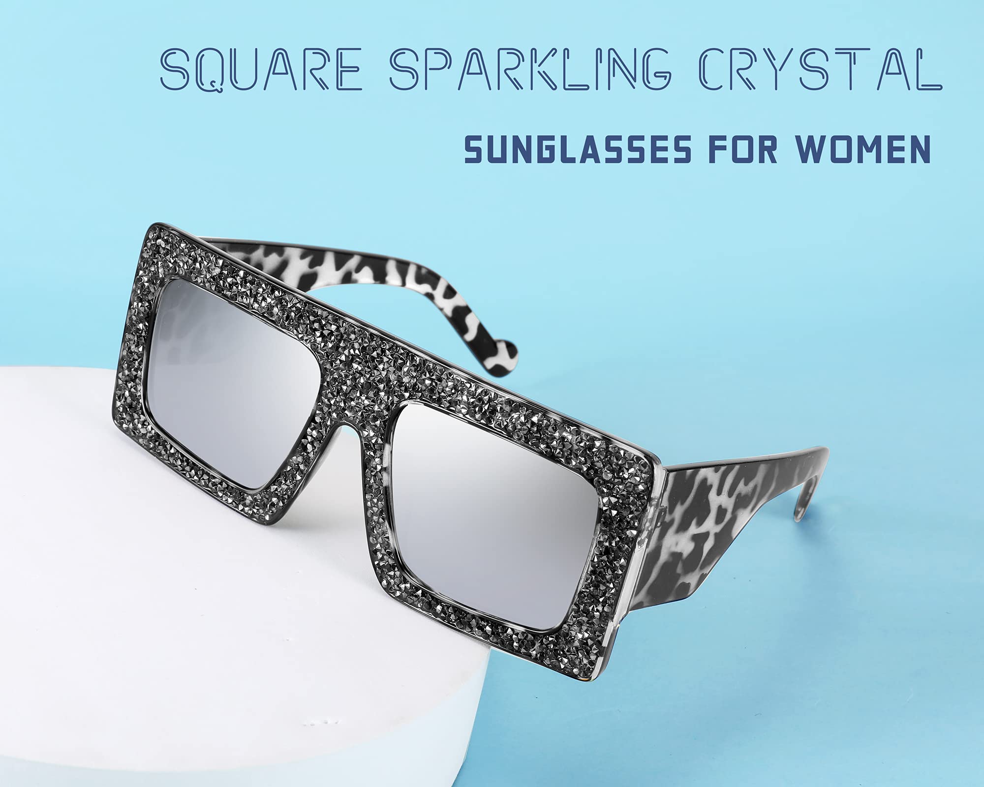 FEISEDY Women's Square Thick Frame Sparkling Rhinestone Crystal Sunglasses - Trendy Bling Fashion Accessory for Summer Outfits, Beach Vacations & Party Wear (B4038)
