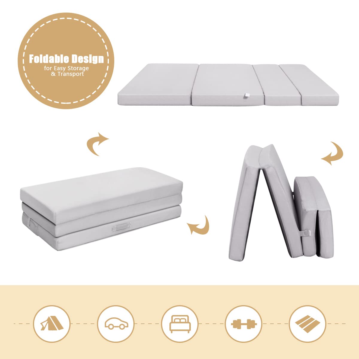 KOMFOTT 4-Inch Tri-Folding Memory Foam Mattress Queen Size - Foldable Guest Bed with Removable Washable Cover - Perfect for Sofa Beds, Camping & Small Spaces