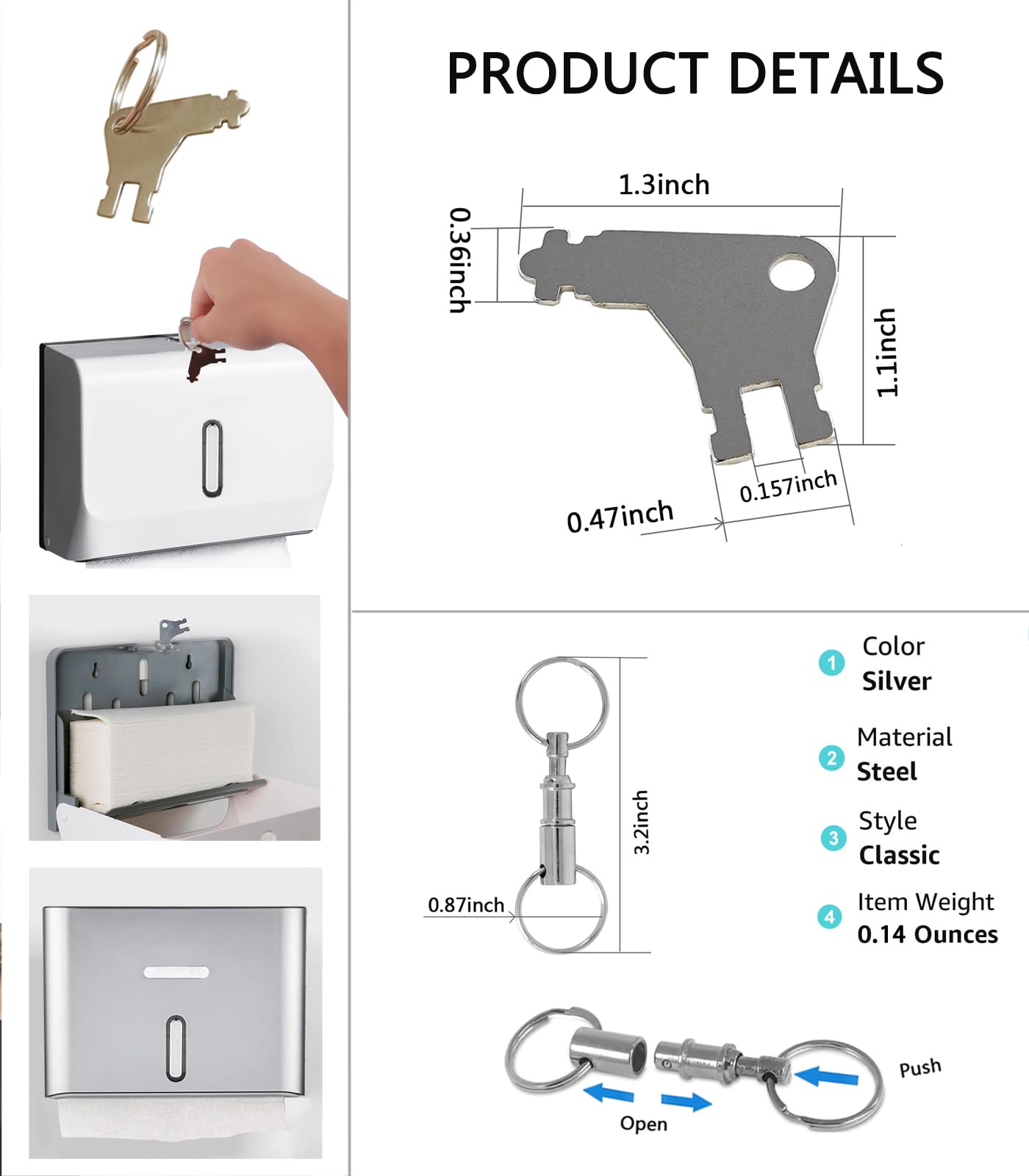 Universal Paper Towel Dispenser Key 5-Pack - Compatible with Georgia Pacific Toilet Paper Dispensers + 2 Keychains (Silver) - Ideal for Restrooms, Offices, Schools, and Commercial Facilities
