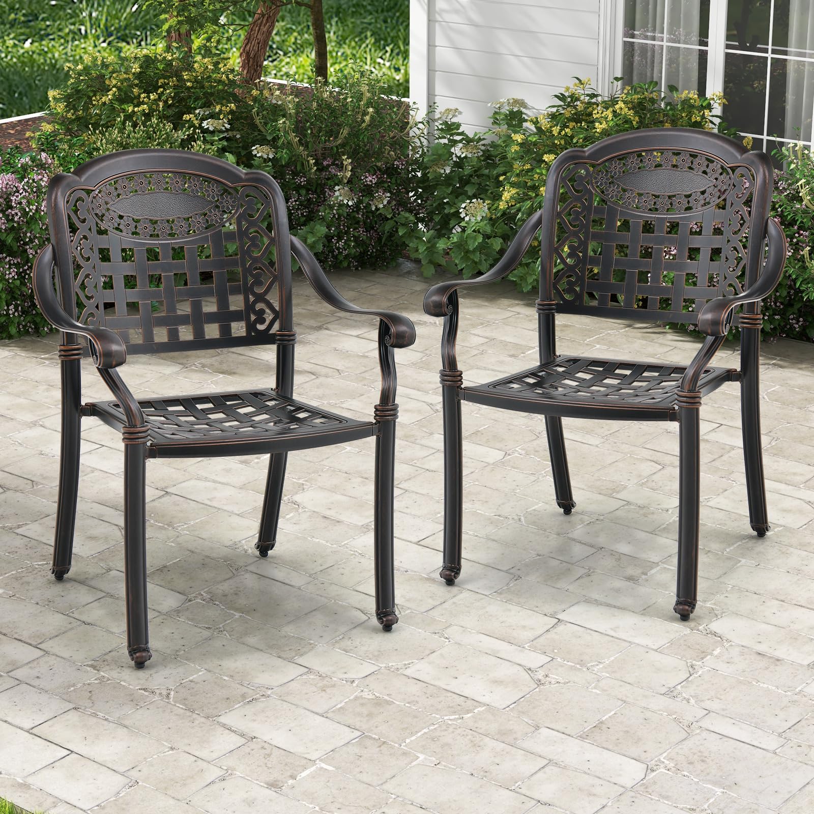 Tangkula 2-Pack Stackable Cast Aluminum Patio Dining Chairs with Armrests - Weather-Resistant Outdoor Bistro Chairs for Balcony, Backyard, Garden, Restaurant & Cafe Use