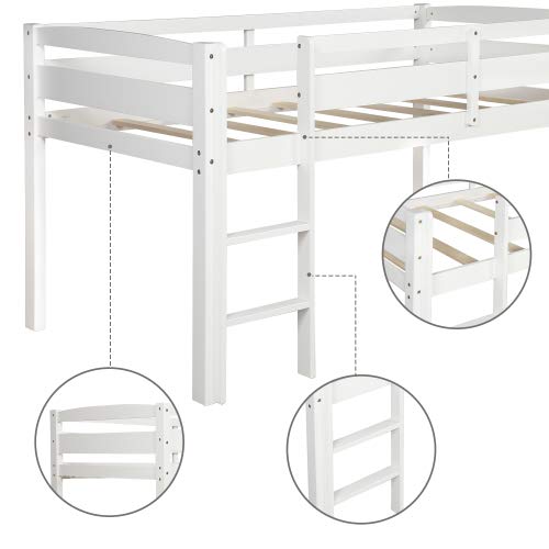 **Classic White Wood Twin Loft Bed with Guard Rail & Ladder - Sturdy Low Bunk Bed for Boys & Girls, No Box Spring Needed - Perfect for Bedroom, Guest Room, Dorm & Small Spaces**