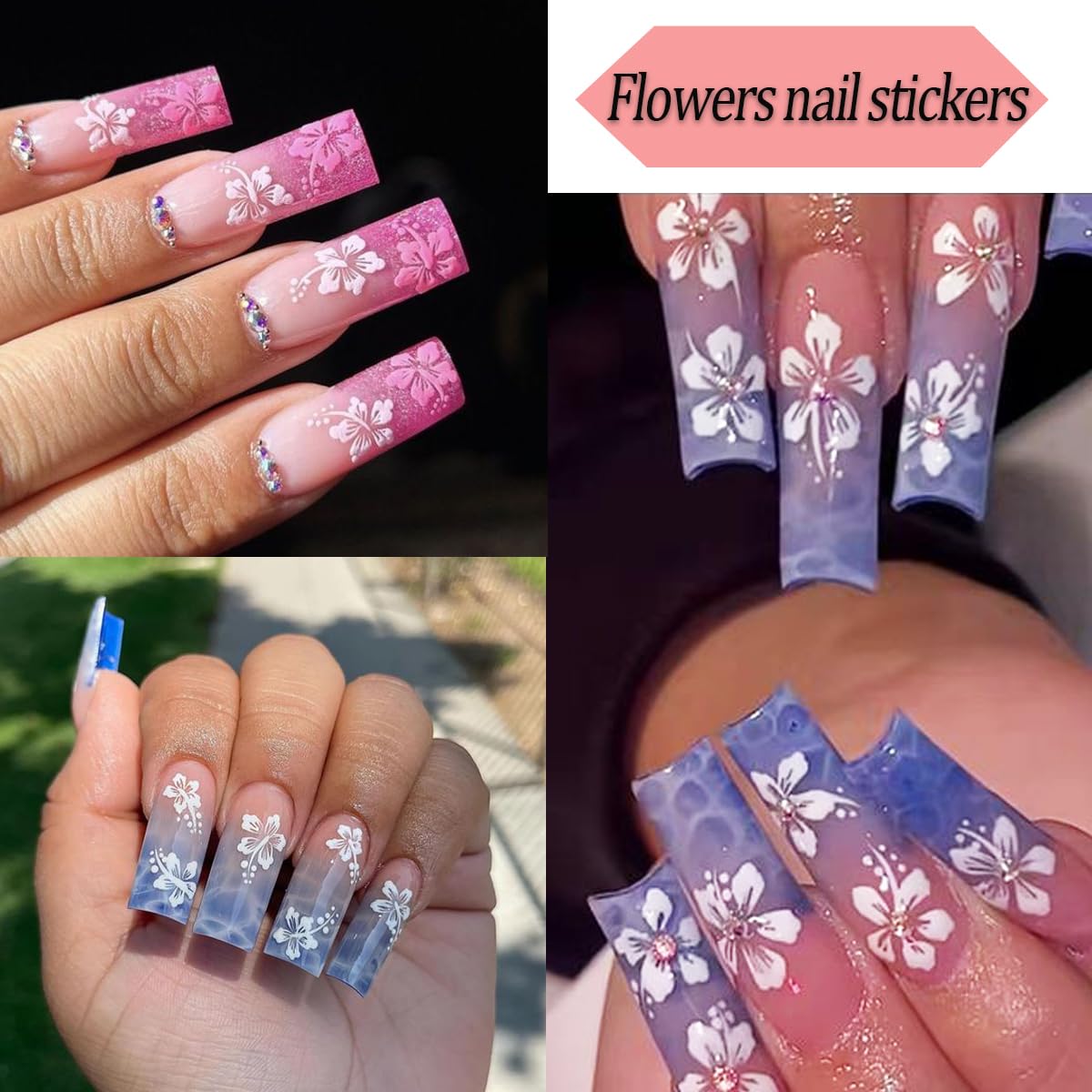 8 Sheets 3D Flower Nail Art Stickers - Self-Adhesive Pink White Gold Floral Nail Decals for DIY Manicure | Cute Nail Supplies for Women & Girls | Perfect for Parties, Weddings, and Everyday Nail Decorations