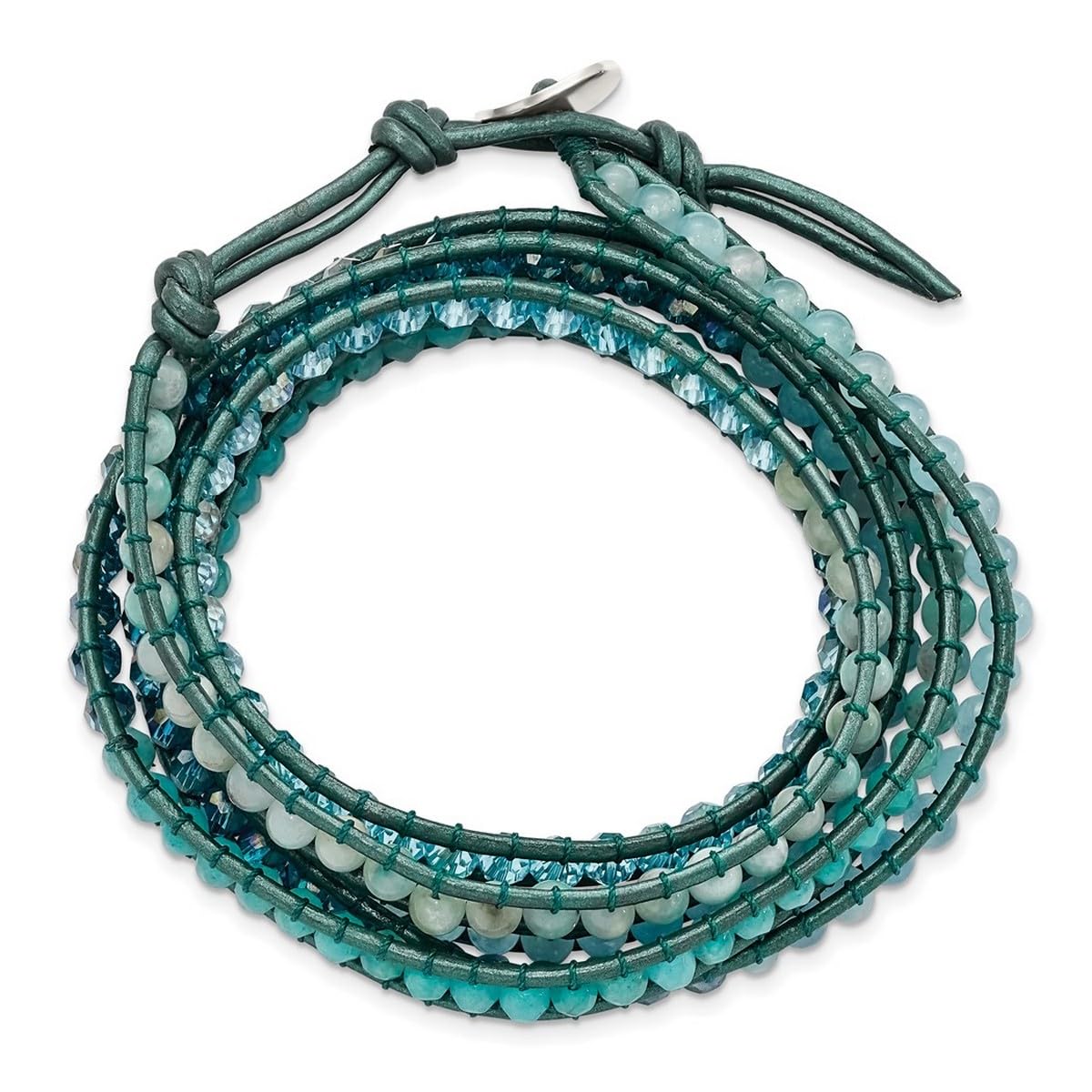 Amazonite & Blue Quartz Crystal Leather Wrap Bracelet for Women - Adjustable Multi-Wrap Beaded Boho Jewelry for Everyday Wear, Gifts & Spiritual Healing