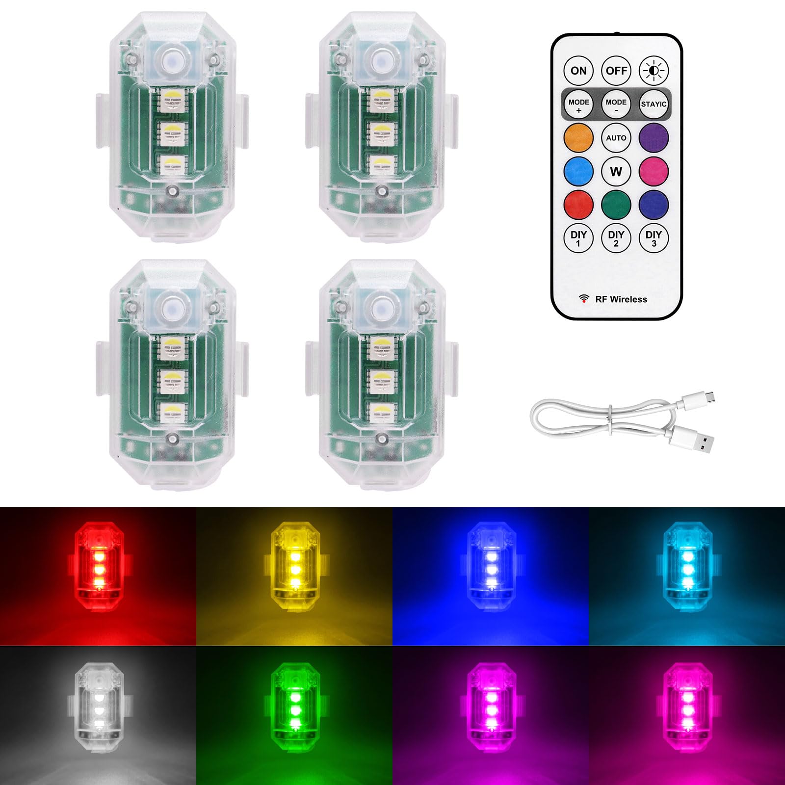 4PCS Wireless LED Strobe Lights with Remote Control - 8 Color USB Rechargeable Anti-Collision Warning Lights - High Brightness Wireless LED Lights for Car, Drone, Truck, Motorcycle, Aircraft, Bike - Perfect for Emergency Signaling, Night Riding & Vehicle Safety