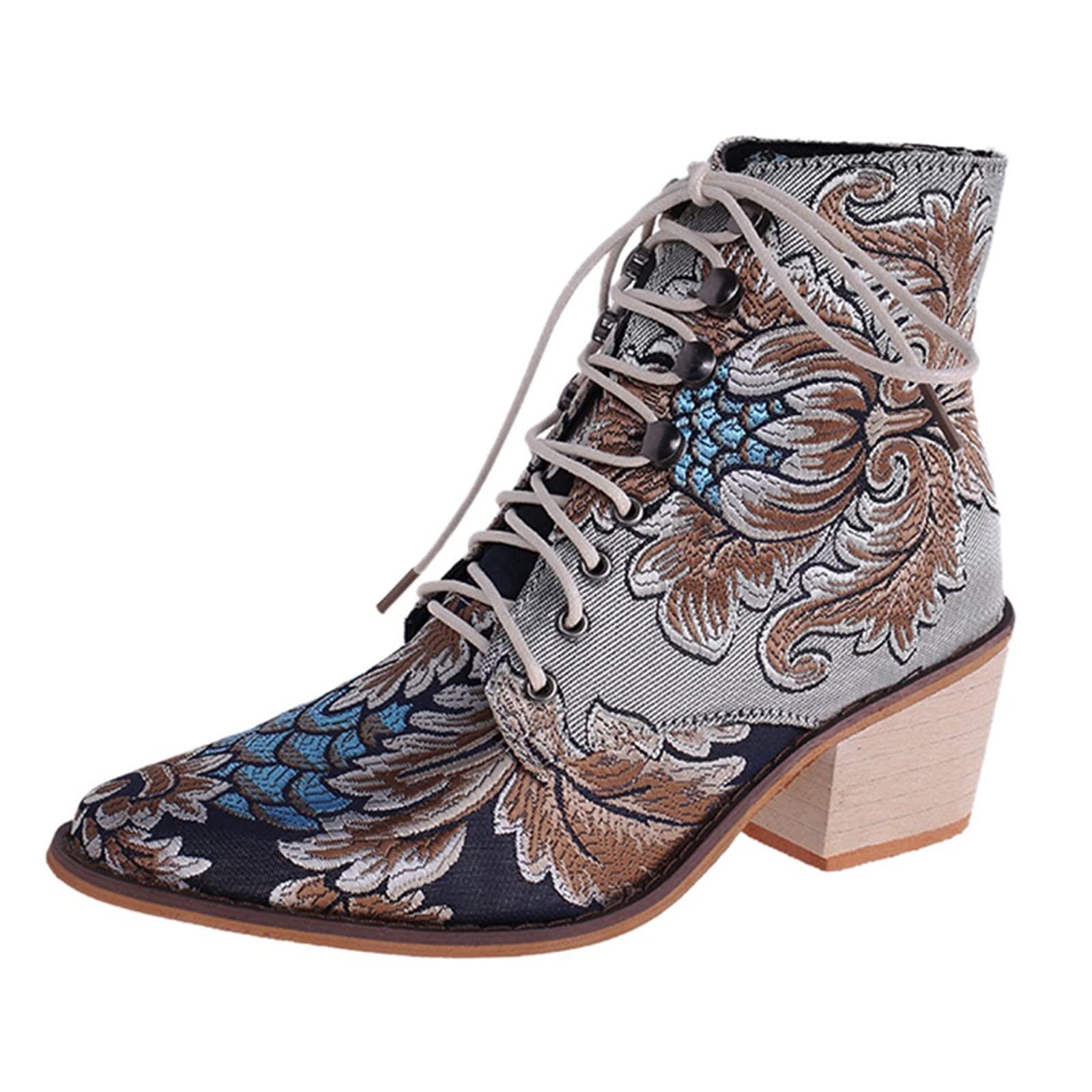 FAJIA Women's Pointed Toe Lace Up High Heel Boots - Retro Embroidery Tall Boots for Women, Perfect for Fall Fashion, Office Wear & Night Out