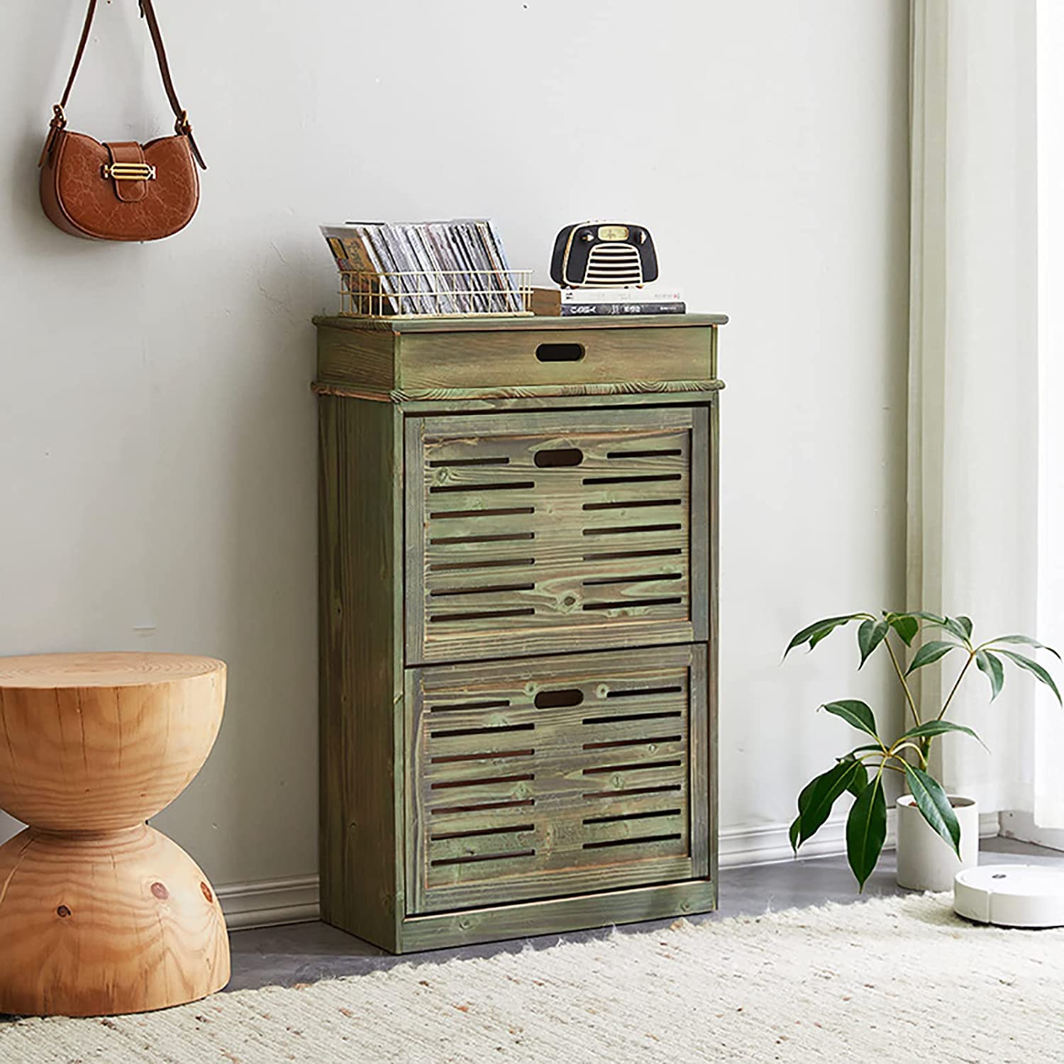 Rustic Solid Wood Shoe Cabinet Entryway Organizer - Farmhouse Hidden Shoe Rack with Top Drawer, 53x24x87cm Entry Shoe Storage Furniture for Hallway, Living Room & Bedroom Decor