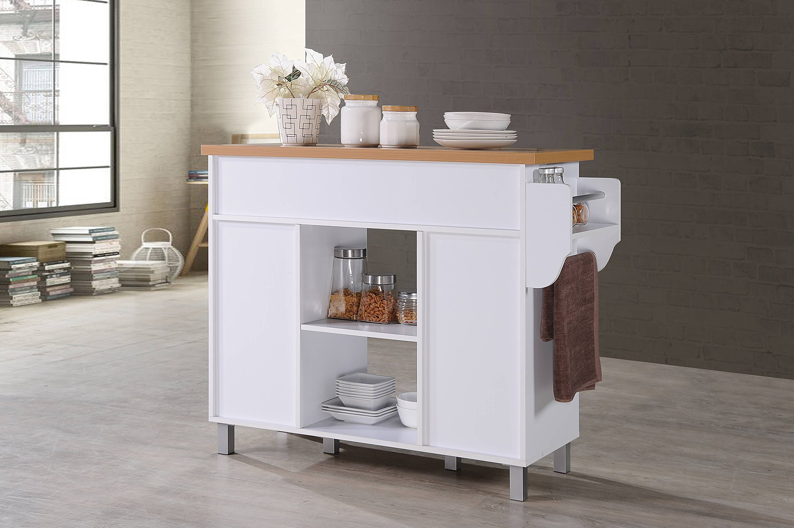 Hodedah Import Kitchen Island with Spice Rack & Towel Rack - White Wooden Storage Cabinet for Small Spaces, Perfect for Apartments and Compact Kitchens
