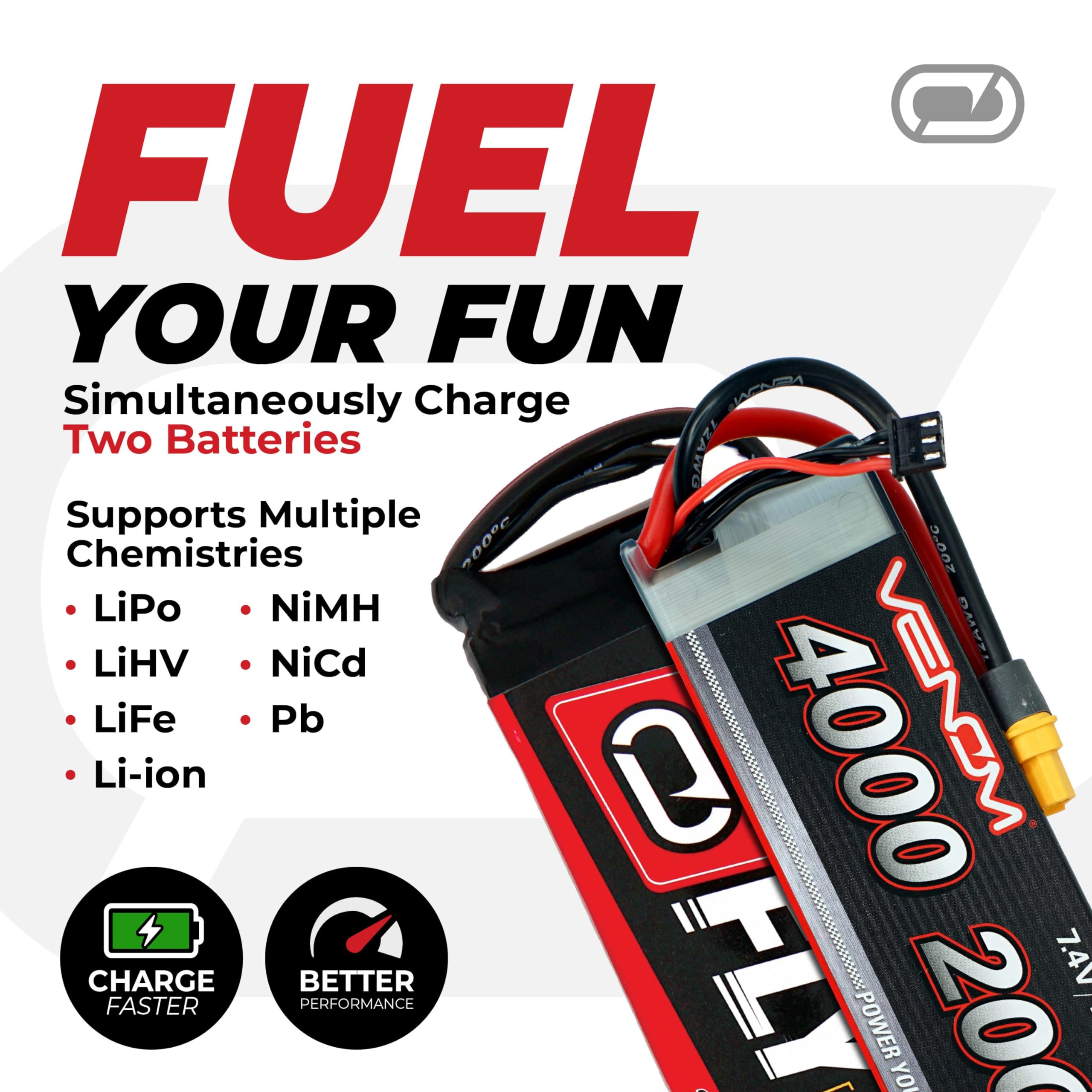 Venom Power Pro Duo LiPo Battery Charger - LCD Display with Charging Cables - Balance Charger & Discharger for LiPo, LiHV, Li-Ion, LiFe, NiMH, NiCd, Pb Batteries (1S-6S) - Perfect for Drones, RC Cars, Airplanes & Hobby Vehicles - Fast Charging & Safe Power Supply