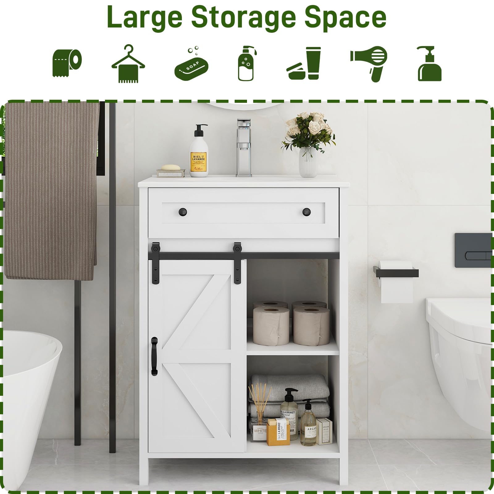 Vabches Freestanding Bathroom Vanity Set with Sink, Matte Silver Faucet, Drawers & Sliding Door - White Bathroom Storage Cabinet for Small Spaces, Modern Powder Room & Guest Bathroom Makeover