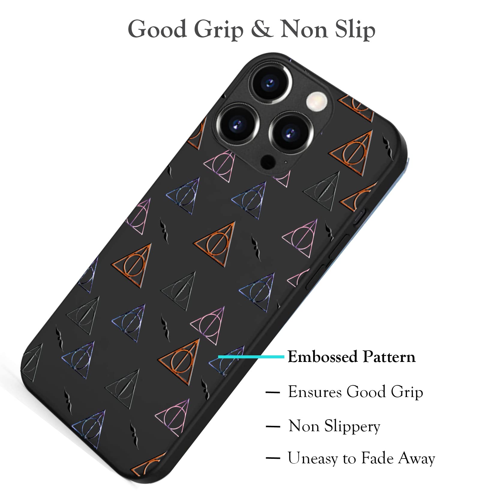 Harry Potter Deathly Hallows Embossed iPhone 13 Pro Max Case - Slim Soft TPU Protective Cover with Bumper Design | Perfect for Fans, Daily Use & Gift Giving