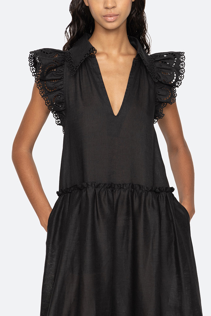 Sea New York Marja Embroidery Flutter Dress - Black | Flowy Summer Dress for Women | Perfect for Beach Vacations, Date Nights & Outdoor Parties