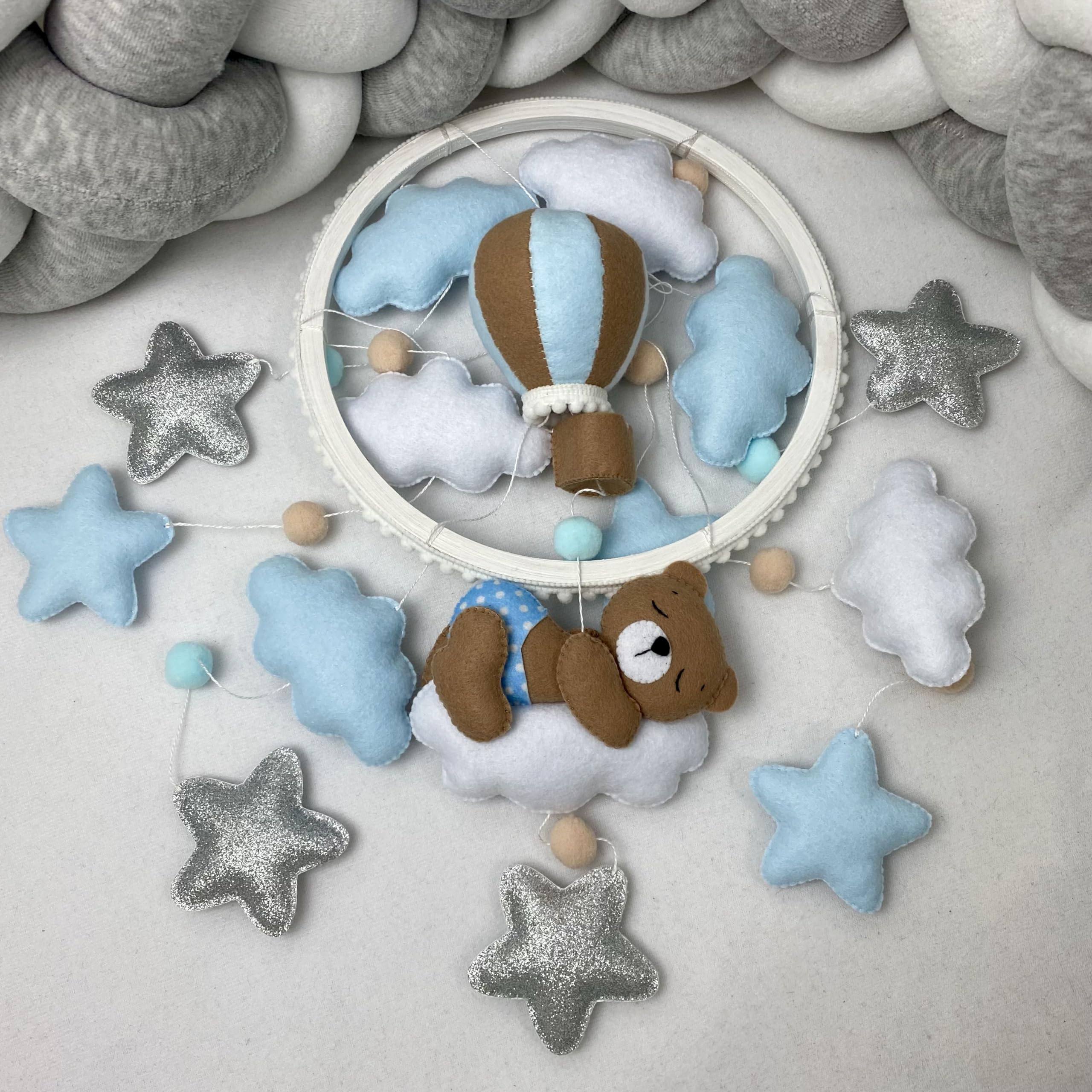 Teddy Bear Crib Mobile for Baby Boys - Blue Hot Air Balloon Nursery Decor, Felt Hanging Mobile for Newborns - Perfect Baby Shower Gift & Nursery Decoration for Expecting Moms