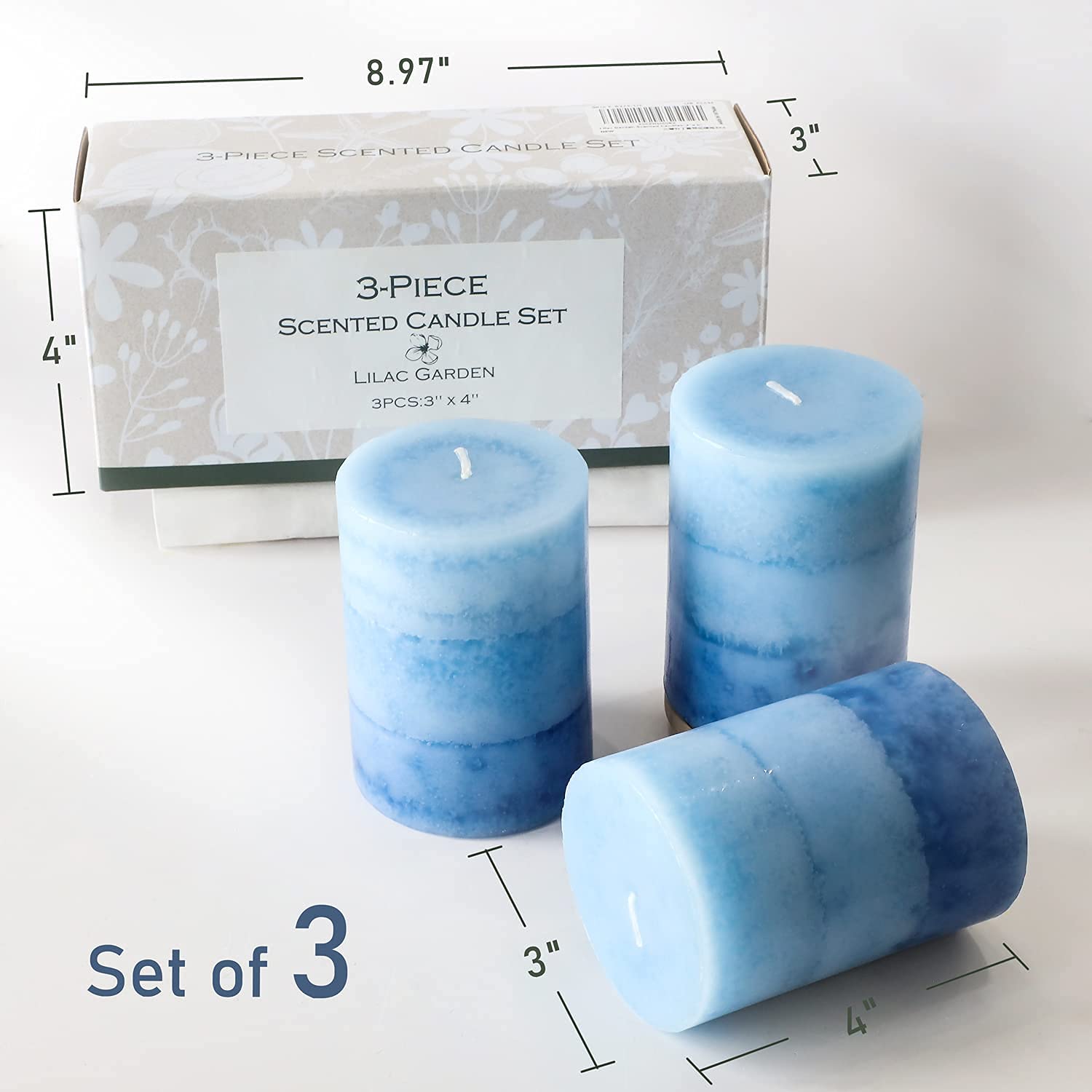 Blue Lilac Garden Scented Pillar Candles - Long-Lasting 3x4 Inch Home Decor Candles for Wedding, Bathroom & Relaxation - Perfect Aromatherapy Gifts for Women
