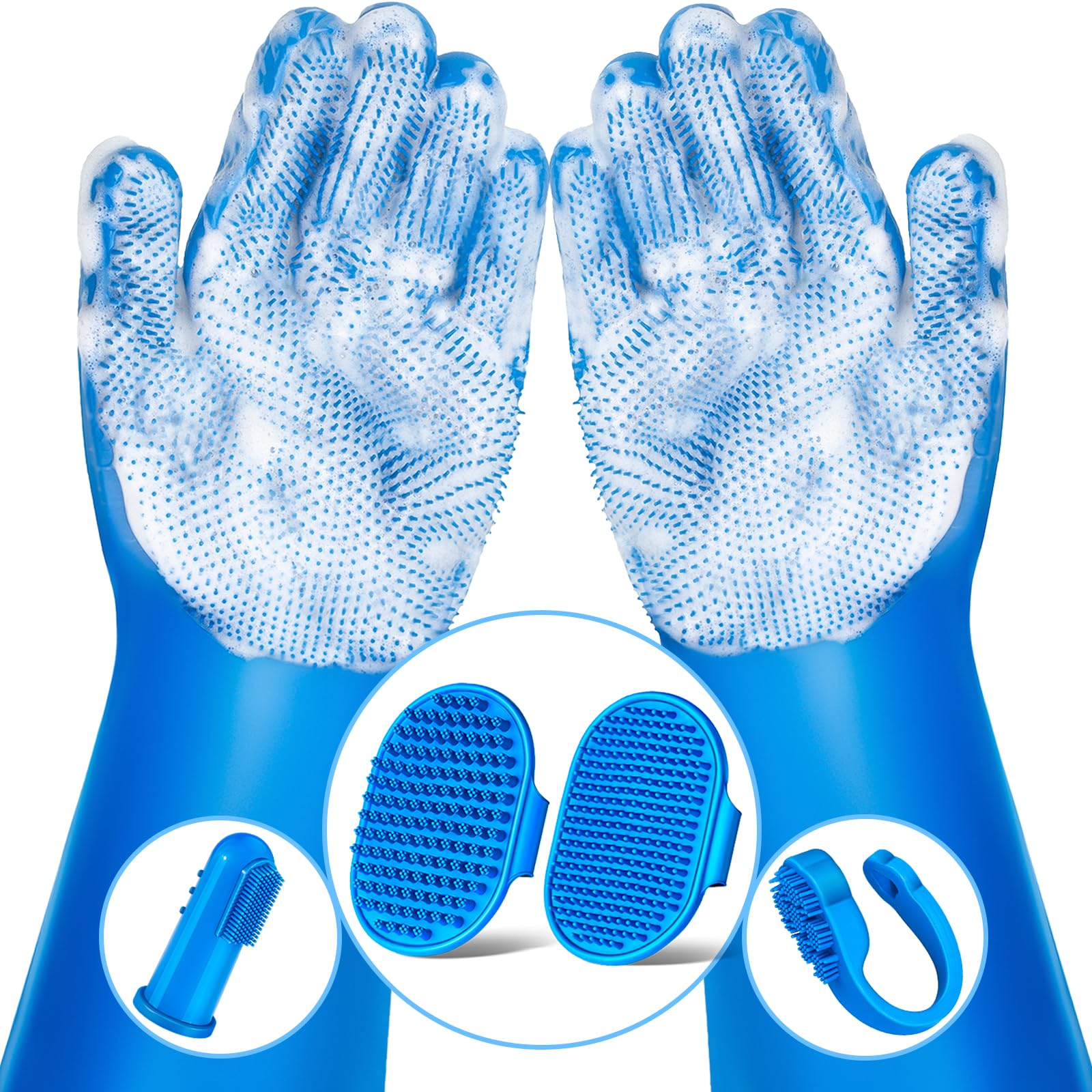 6PCS Pet Grooming Kit - Dog Washing Gloves, Bath Brush & Toothbrush Finger for Dogs & Cats | Pet Bathing Supplies for Home Grooming & Cleaning | Dog Shampoo Brush & Grooming Gloves for Easy Bath Time