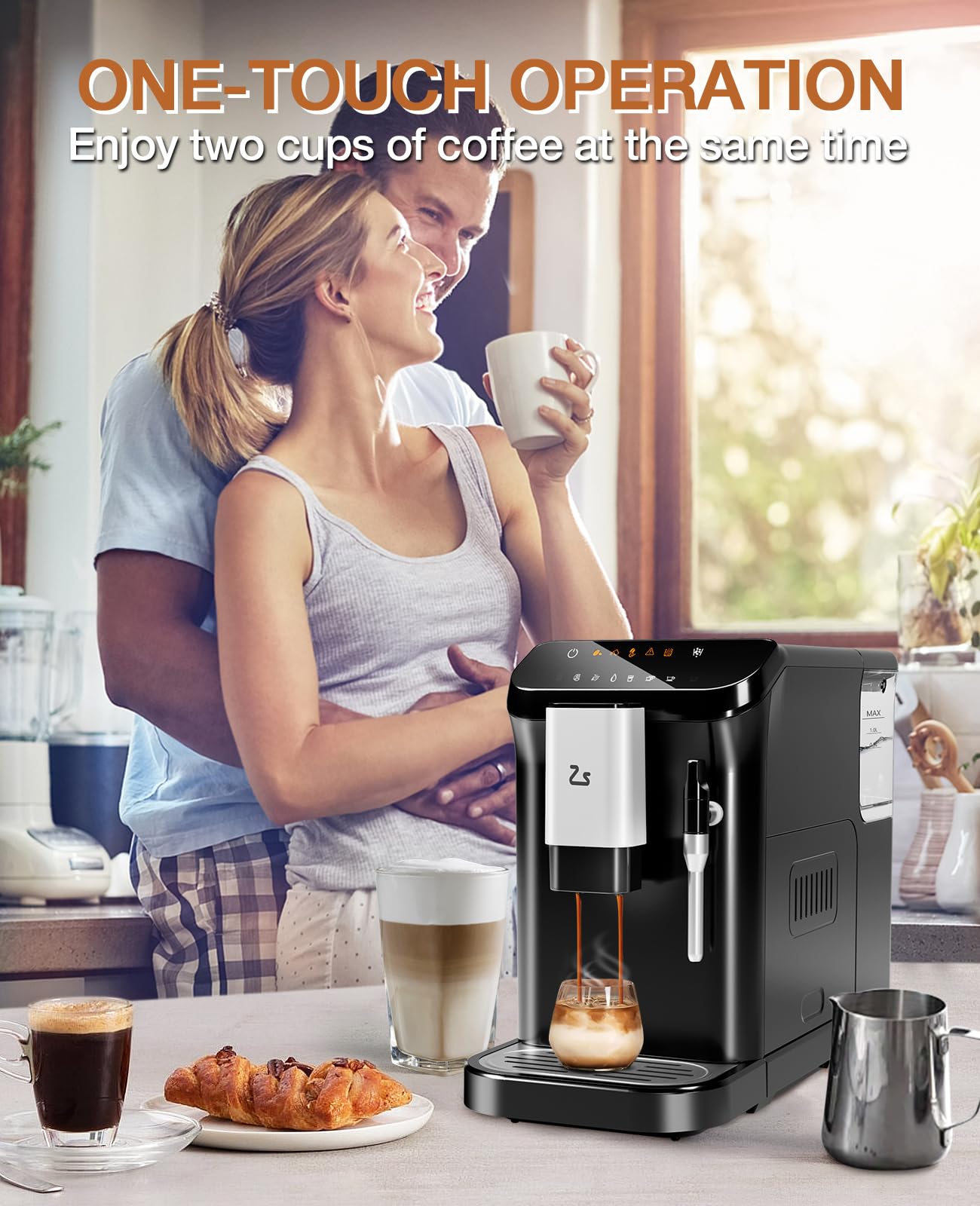 Fully Automatic Espresso Machine 20 Bar with Milk Frother - Built-In Adjustable Coffee Grinder & 1.5L Water Tank - Touch Screen Control for Home & Office Use