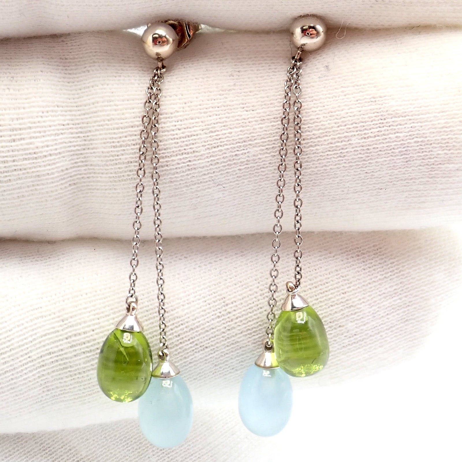 Authentic Tiffany & Co 18K White Gold Rainbow Drop Peridot Chalcedony Earrings for Women | Elegant Gemstone Dangle Earrings for Parties, Weddings & Special Occasions