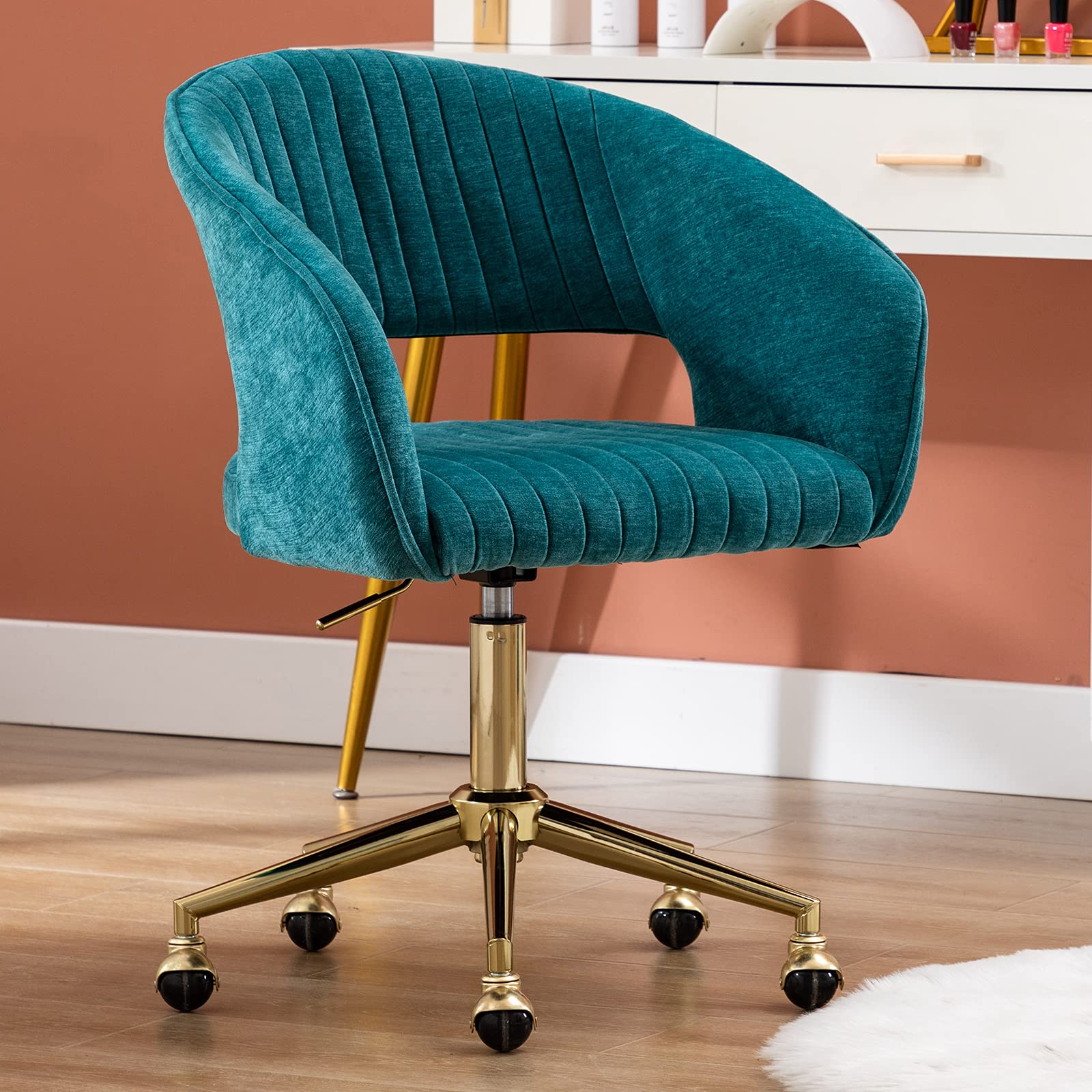 Modern Home Office Desk Chair - Adjustable Swivel Barrel Chair with Open Back, Ergonomic Task Chair for Makeup Vanity & Workspace, Gold Base - Perfect for Living Room, Home Office & Beauty Stations (Blue)