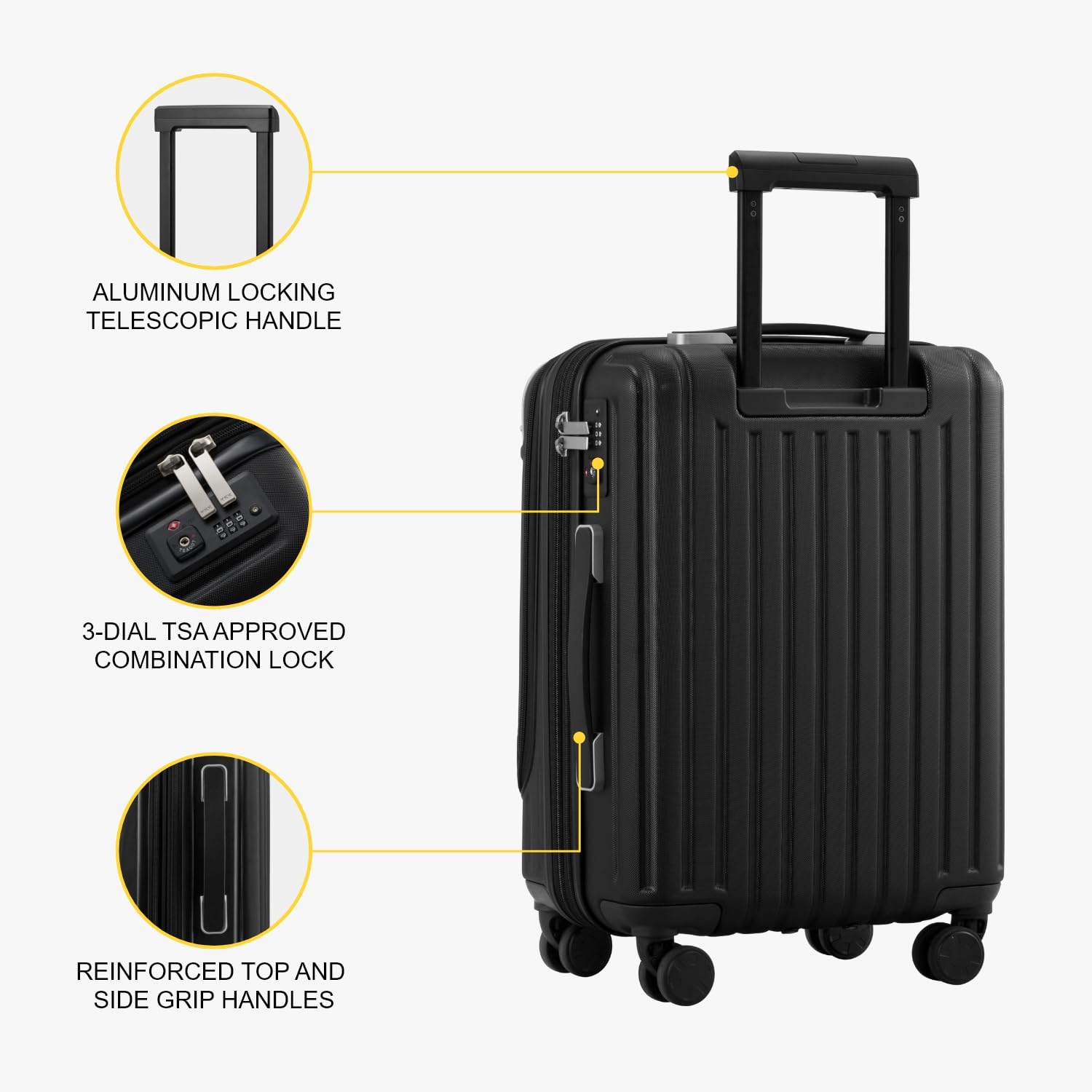 LEVEL8 Grace 20 Inch Expandable Hard Shell Carry-On Luggage with Front Compartment, TSA Lock & Smooth Wheels - Lightweight Airplane Suitcase for Business Travel & Weekend Getaways (Black)