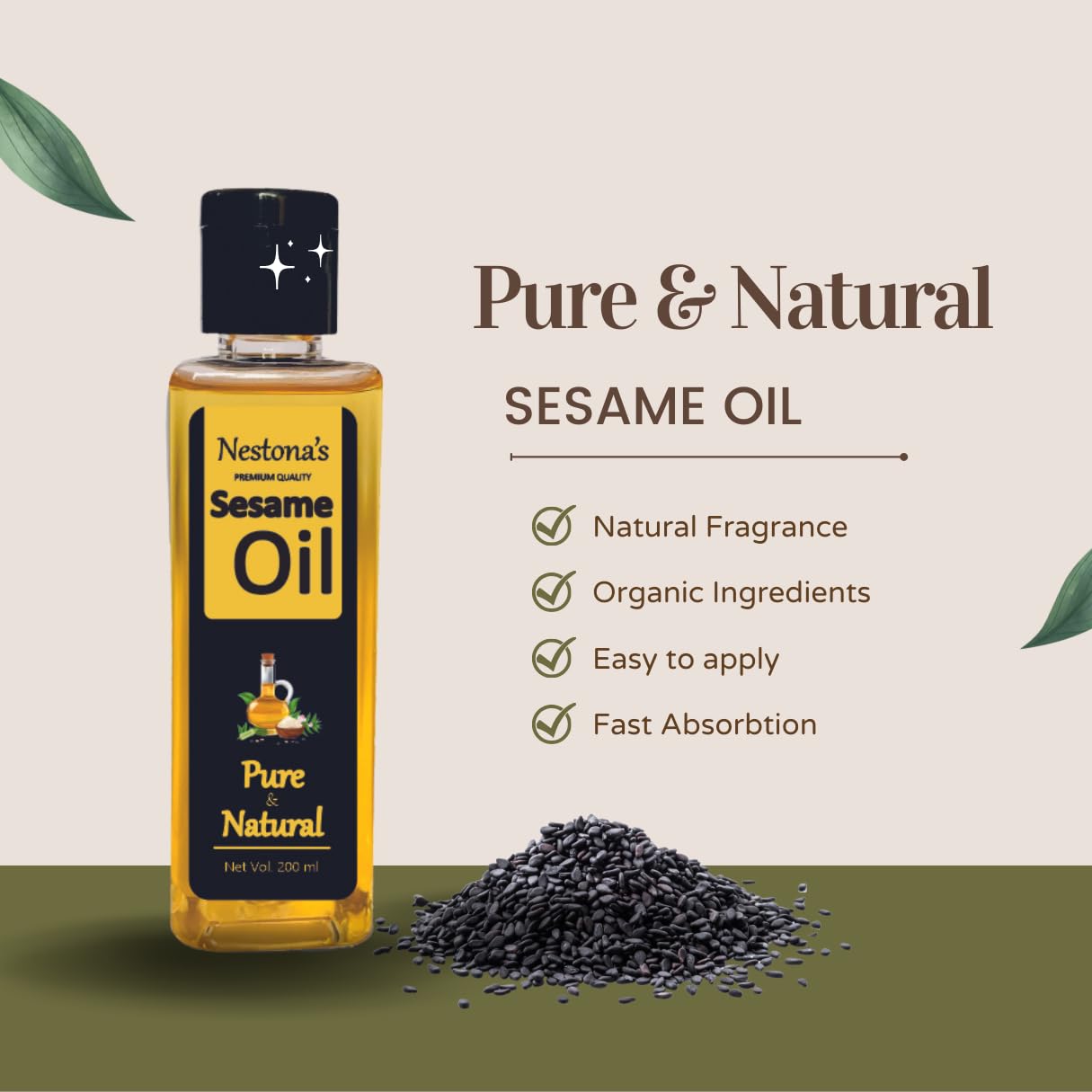 Organic Cold-Pressed Sesame Oil Combo for Body Massage & Skin Care - 100ml x 2 Pack | Hydrating, Anti-Aging & Relaxing | Perfect for Aromatherapy, Spa Treatments & DIY Beauty Recipes