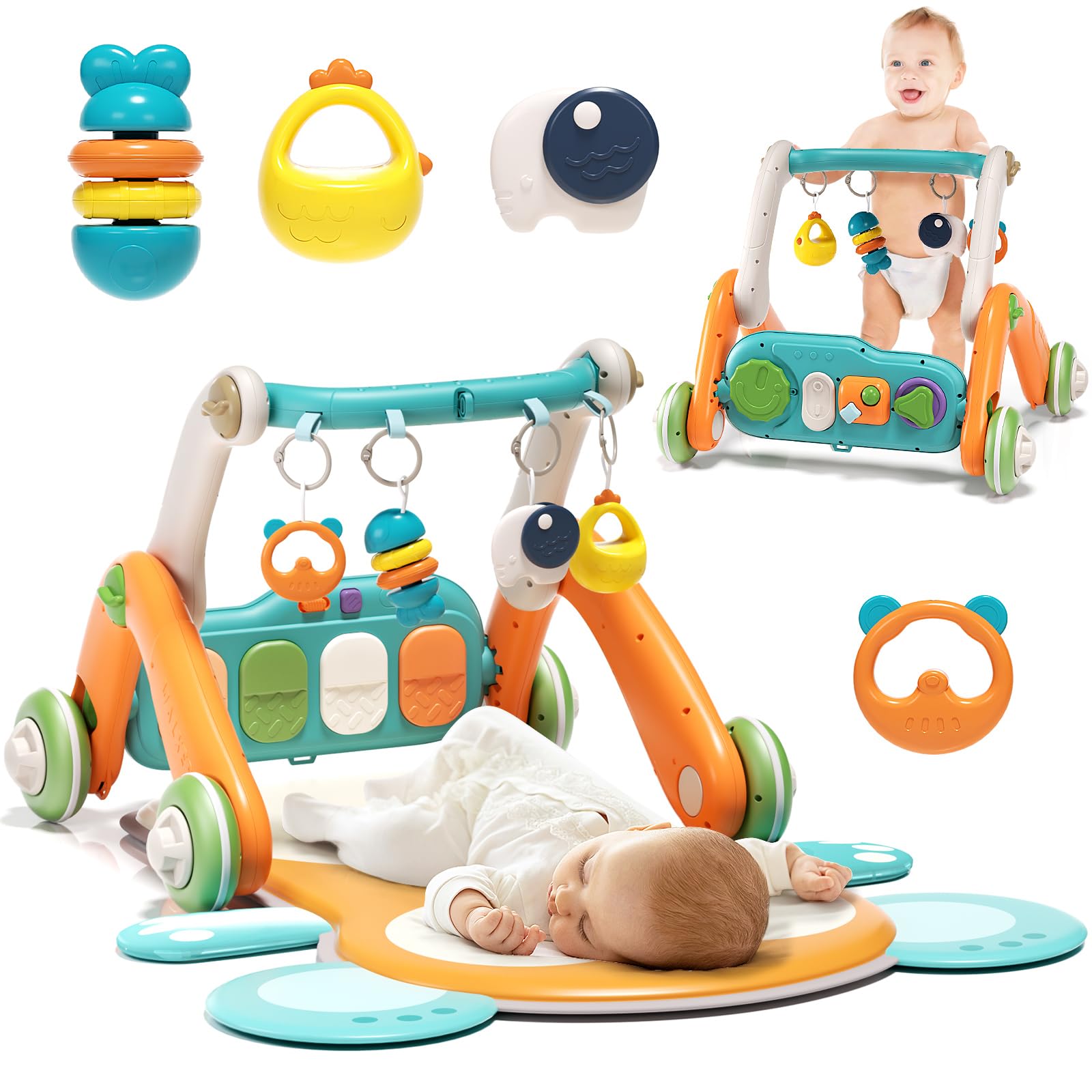 2 in 1 Baby Gym & Walker with 5 Sensory Toys - Double-Sided Play Piano Panel, Multifunctional Sit-to-Stand Learning Walker for Infants 0-24 Months (Orange) - Perfect for Tummy Time, Crawling & Early Development Play
