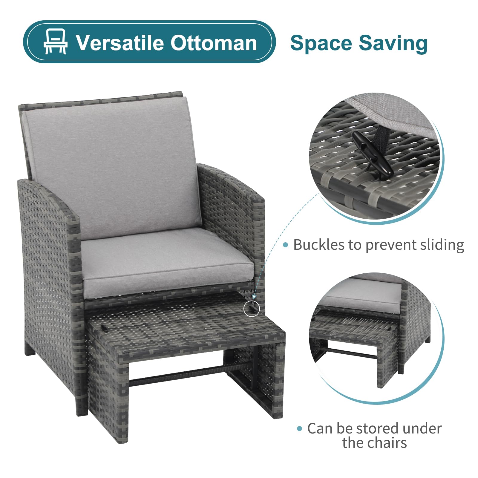 OC Orange-Casual 6-Piece Patio Furniture Set with Ottoman - Outdoor Grey Wicker Chairs & Coffee Table - Balcony Conversation Set for Apartments - Light Grey - Perfect for Backyard Relaxation, Poolside Lounging & Small Space Outdoor Living