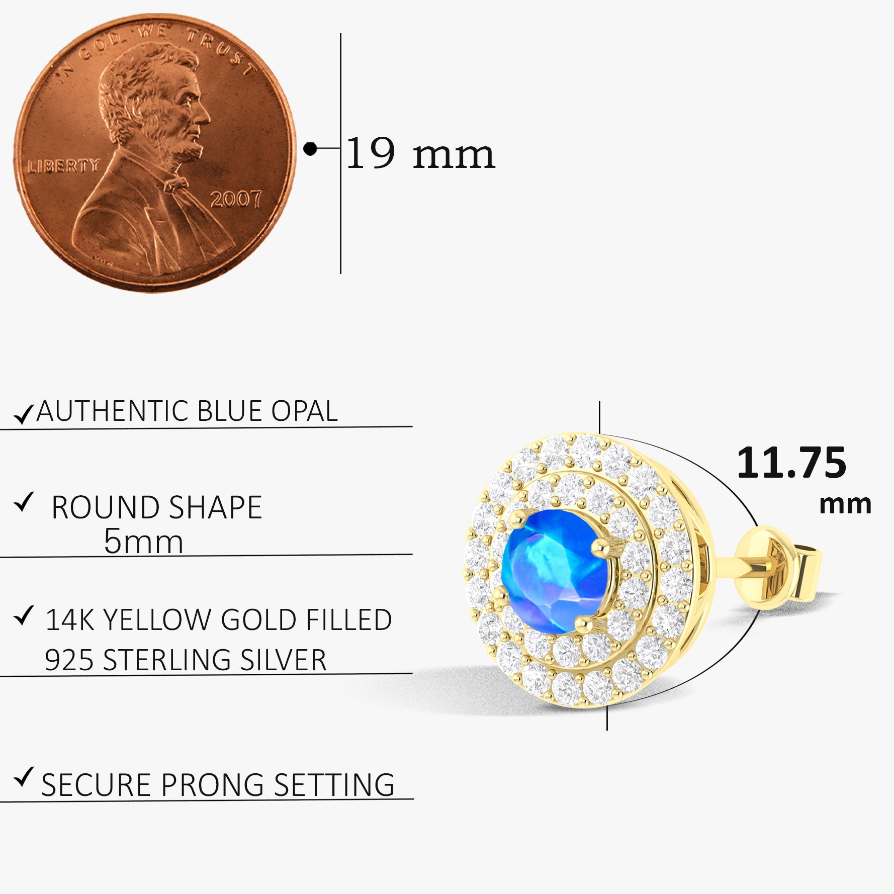 5MM Round Natural Blue Opal Halo Stud Earrings with Push Back - Elegant Jewelry for Women, Perfect for Weddings, Parties & Daily Wear