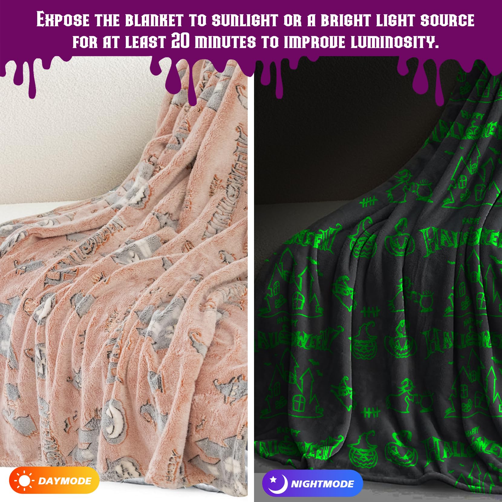 50 x 60 Inch Halloween Pumpkin Plush Throw Blanket - Soft Fleece Glow in The Dark Blanket for Kids, Adults & Home Decor (Orange) | Perfect for Halloween Parties, Movie Nights & Cozy Fall Evenings