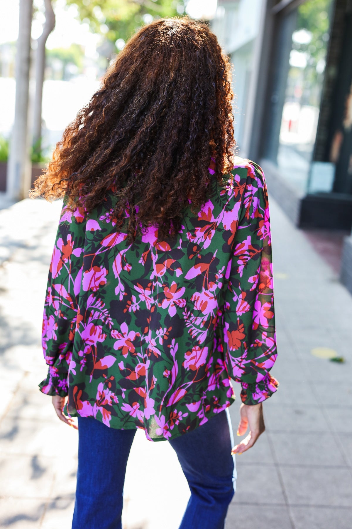 Eyes On You Forest Green Floral Smocked Bubble Sleeve V-Neck Blouse - Elegant Spring Summer Floral Top for Women, Perfect for Date Night, Garden Party & Casual Outings