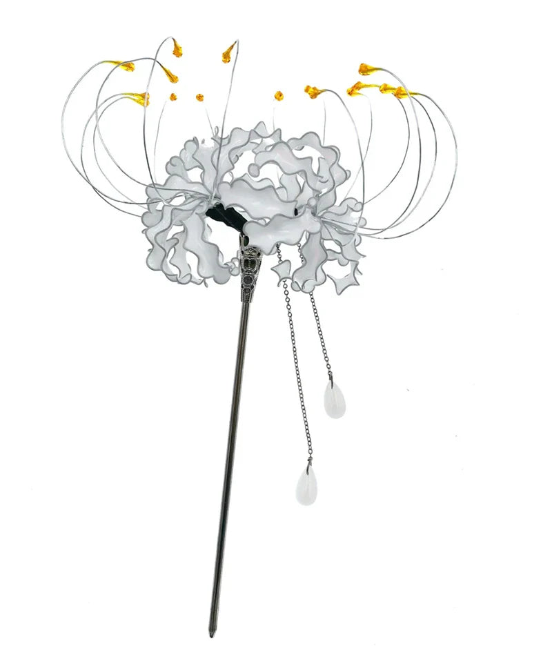 Handmade Lycoris Radiata Flower Hairpin - Japanese Kanzashi Hair Stick for Kimono, Cosplay & Traditional Hairstyles - Elegant Hair Accessory for Women & Girls - Perfect for Weddings, Tea Ceremonies & Cultural Events